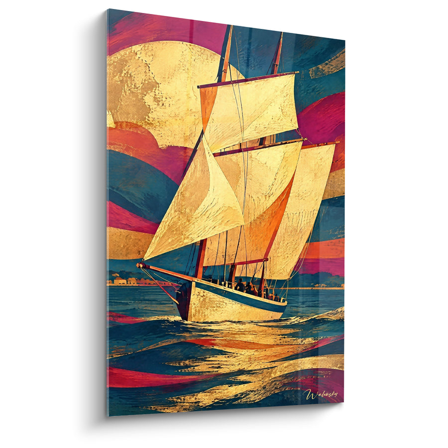 Tableau Voilier doré aux voiles bleu et magenta - Traversée flamboyante - Edition Granville Normandie France
