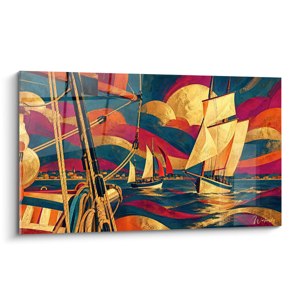 Tableau Voiliers aux voiles dorées et bleu profond - Cap vers le large - Edition Granville Normandie France