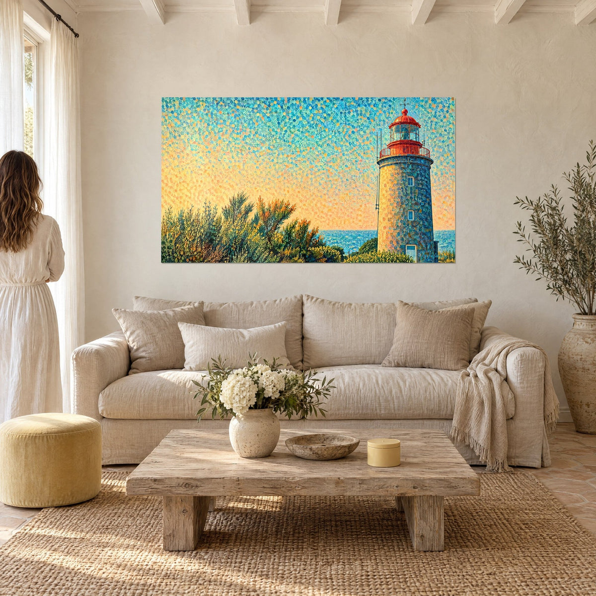 Quadro faro di pietra grigia con tetto rosso, cielo puntinista ocra e turchese, visto di spalle da una donna sopra un divano in un soggiorno luminoso