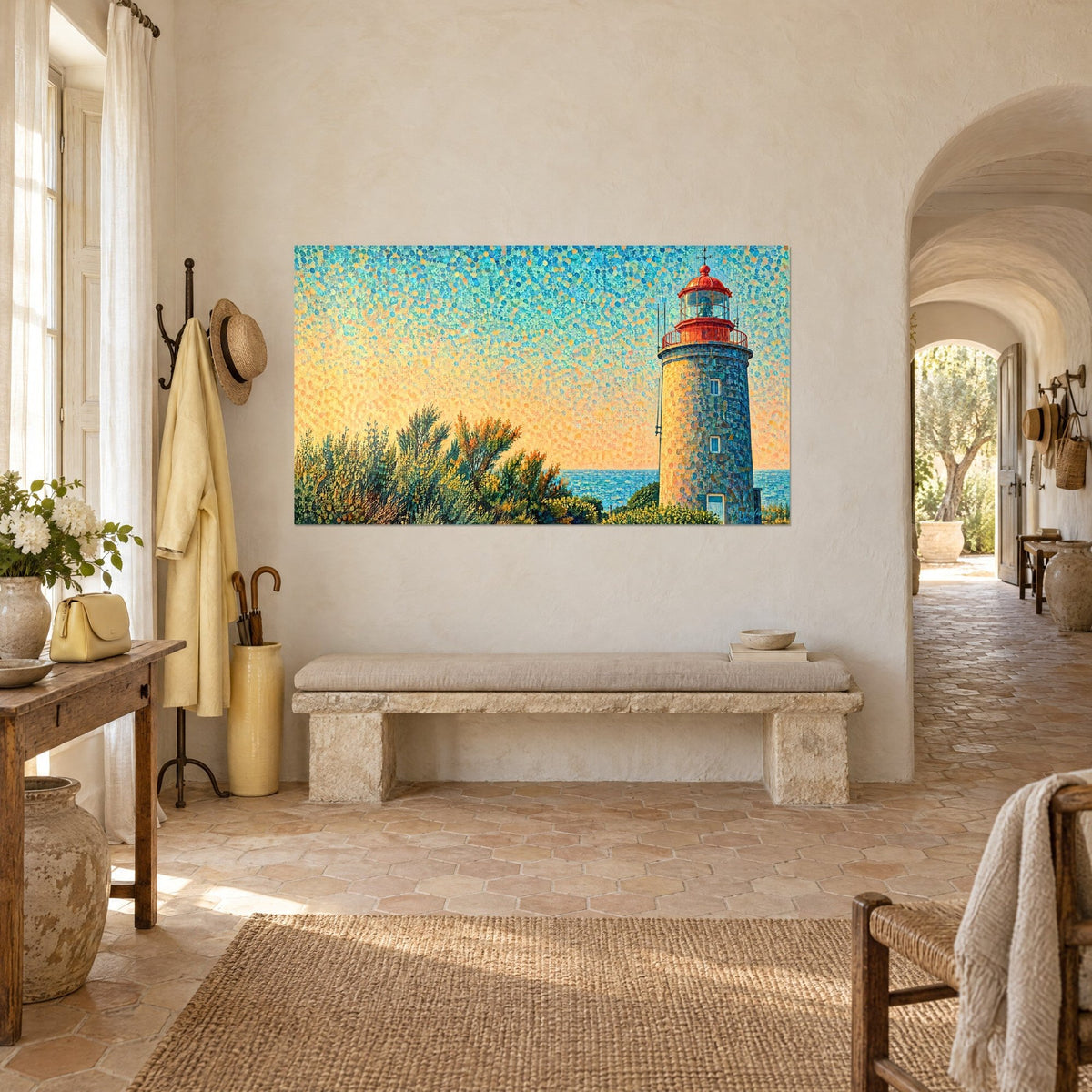 Quadro faro a manubrio rosso vivo su una scogliera, tocchi punteggiati di blu e arancio, visto di scorcio in un casale provenzale