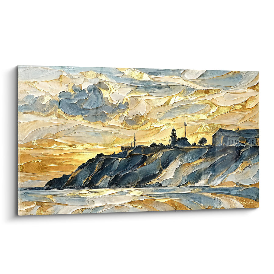 Tableau Phare sur falaise dorée et bleue - Veille au crépuscule - Edition Granville Normandie France