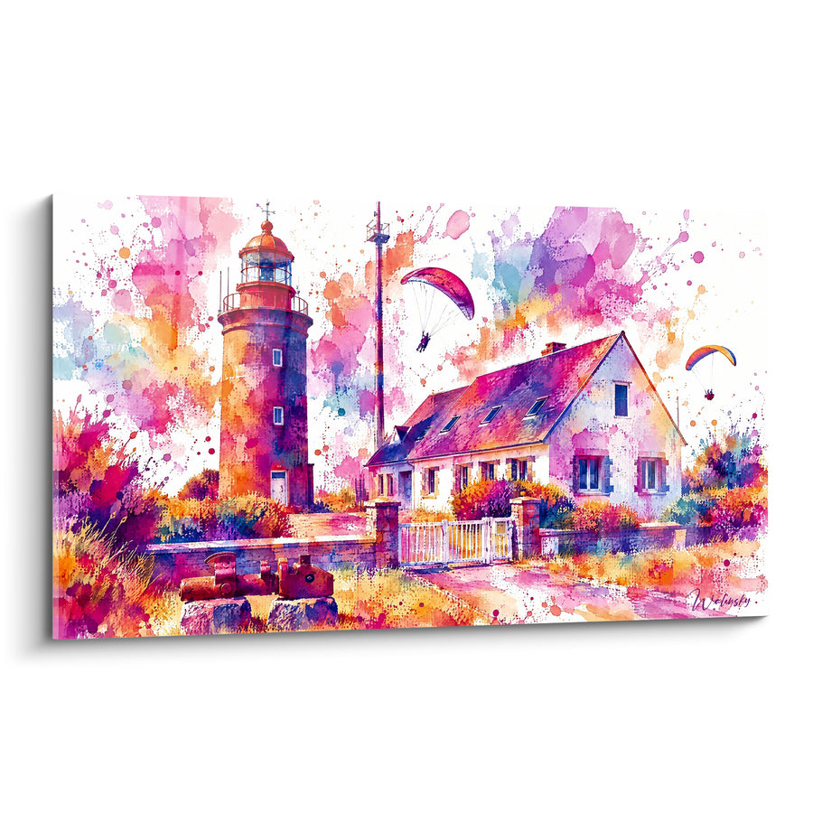 Tableau Phare rose et violet aux parapentes colorés - Liberté côtière - Edition Granville Normandie France