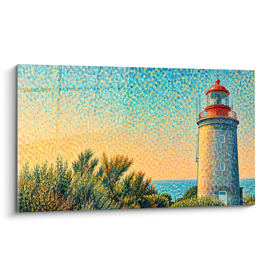 Tableau Phare gris et rouge sur la côte - Veille du soir - Edition Granville Normandie France