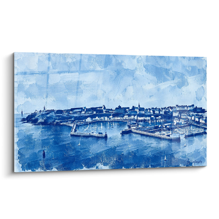 Tableau Port monochrome bleu et blanc sur digues - Brume marine - Edition Granville Normandie France