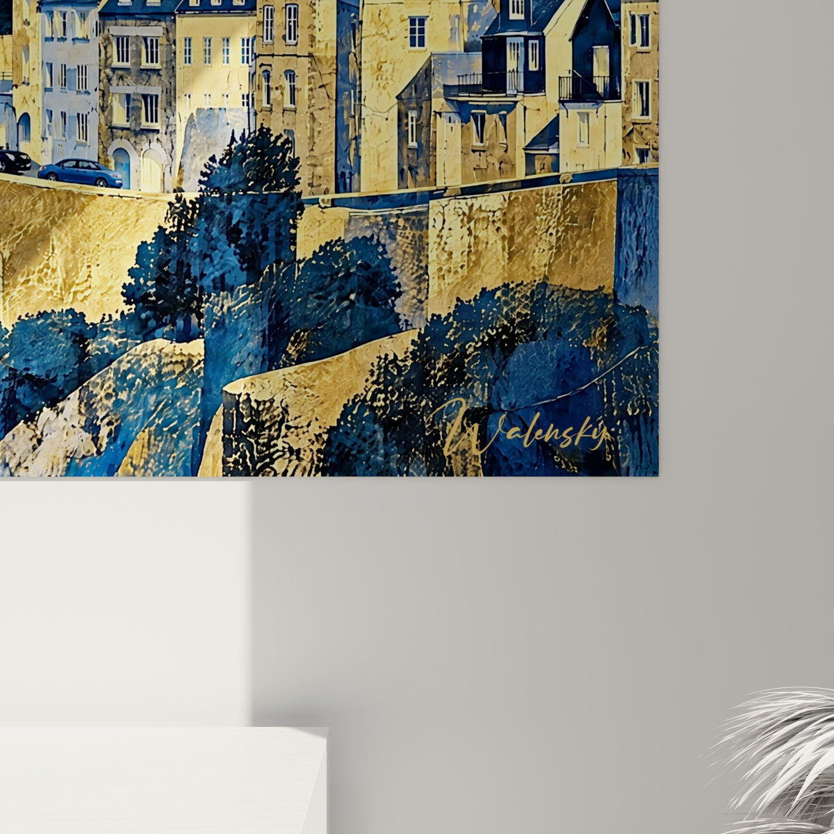 Détail des empâtements dorés et bleu marine, grain métallique sur les toitures et pierres de la cité