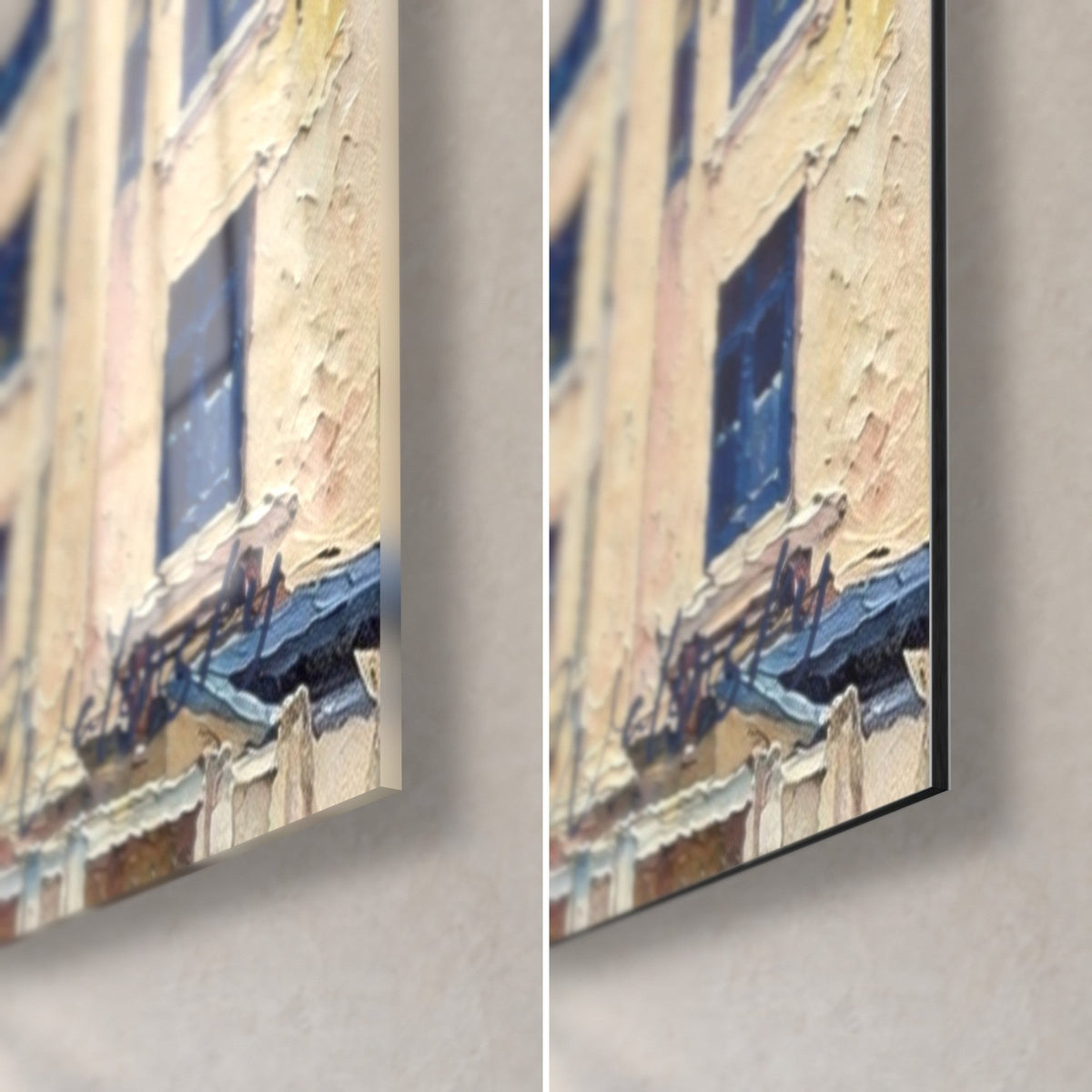 Wall art of the Granville seafront, bottom right corner, cream building with midnight-blue shutters, glossy glass and matte Dibond, 3 mm thick