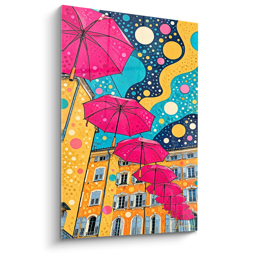 Schilderij Paraplu's Roze en Blauwe Lucht met Veelkleurige Stippen - Blauwe Luiken en Balkons - Editie Grasse Provence-Alpes-Côte d'Azur Frankrijk