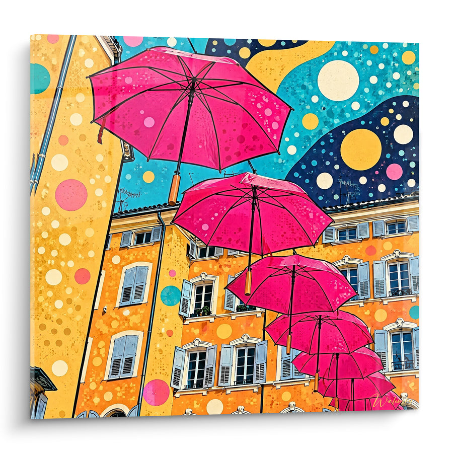 Schilderij Paraplu's Roze Ophanging Geel Oker Gevel - Feestelijke Ophanging - Editie Grasse Provence-Alpes-Côte d'Azur Frankrijk