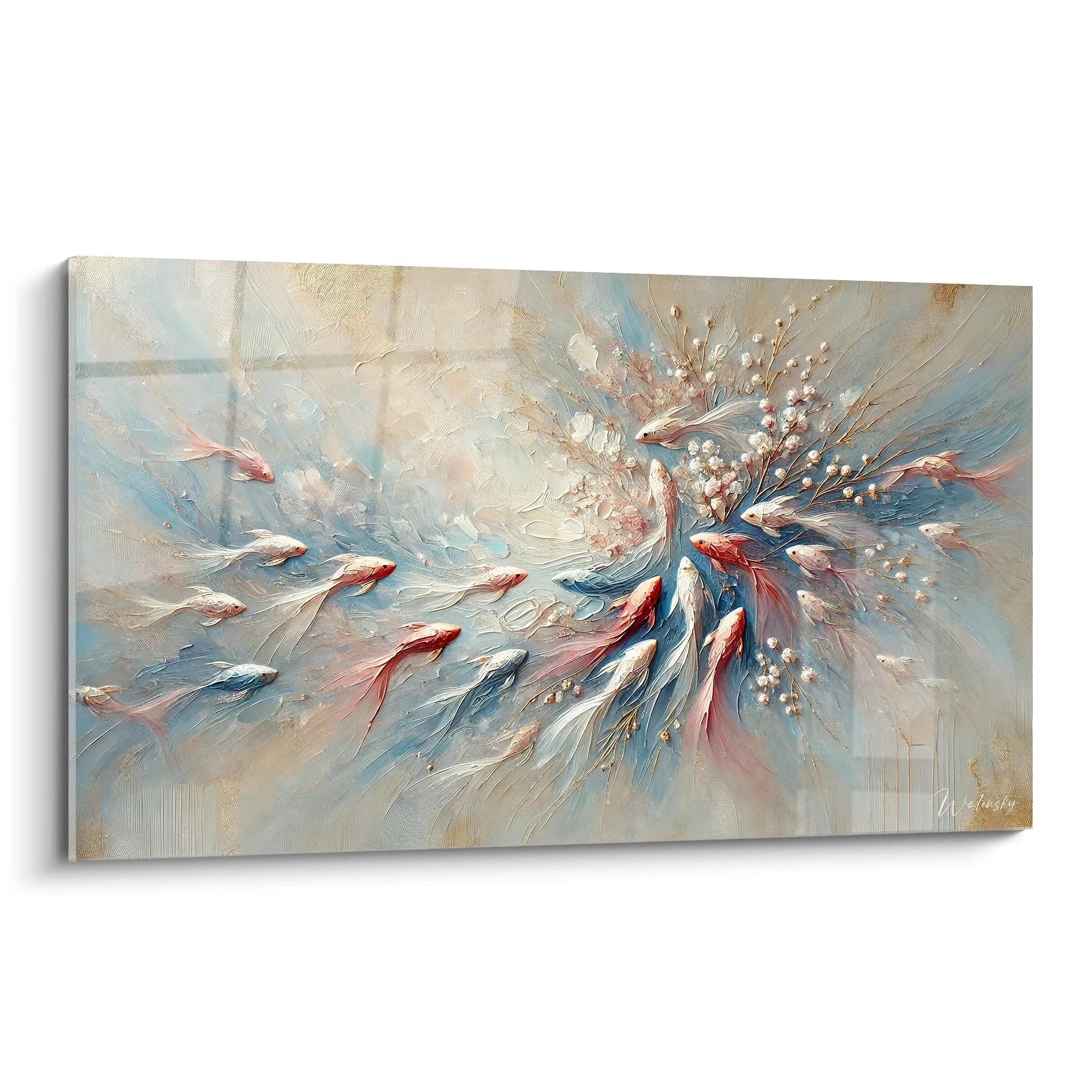 tableau poisson stylisé avec nuances de blanc rose et bleu ideal pour apporter une touche artistique a votre interieur. Sa fluidite et harmonie apportent un effet apaisant a tout espace de vie


