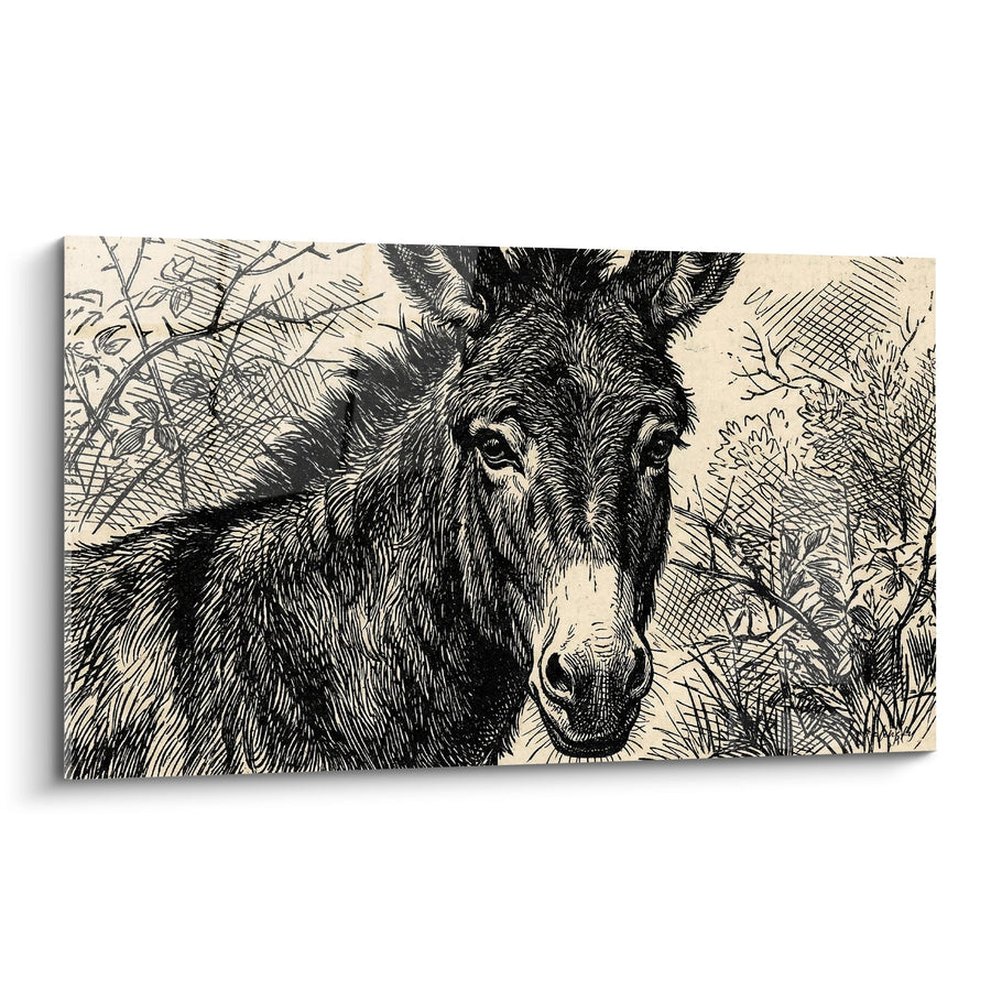 Tableau gravure noir et blanc âne aux grands yeux expressifs dans végétation - Regard sauvage - Edition âne