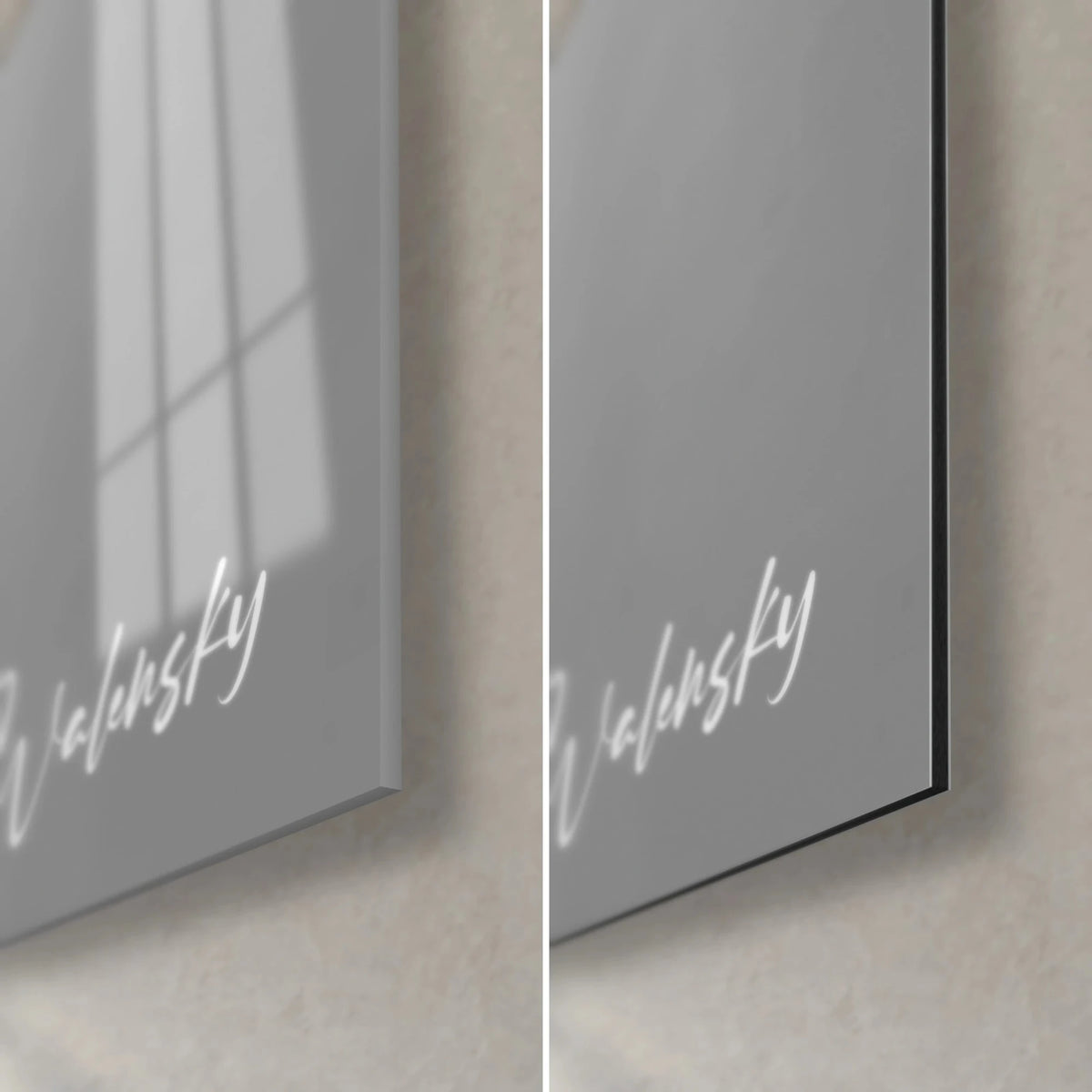 Wall art of a grey and black bird of prey, bottom right corner: glossy acrylic glass on the left, matte Dibond aluminium on the right, 3 mm edge