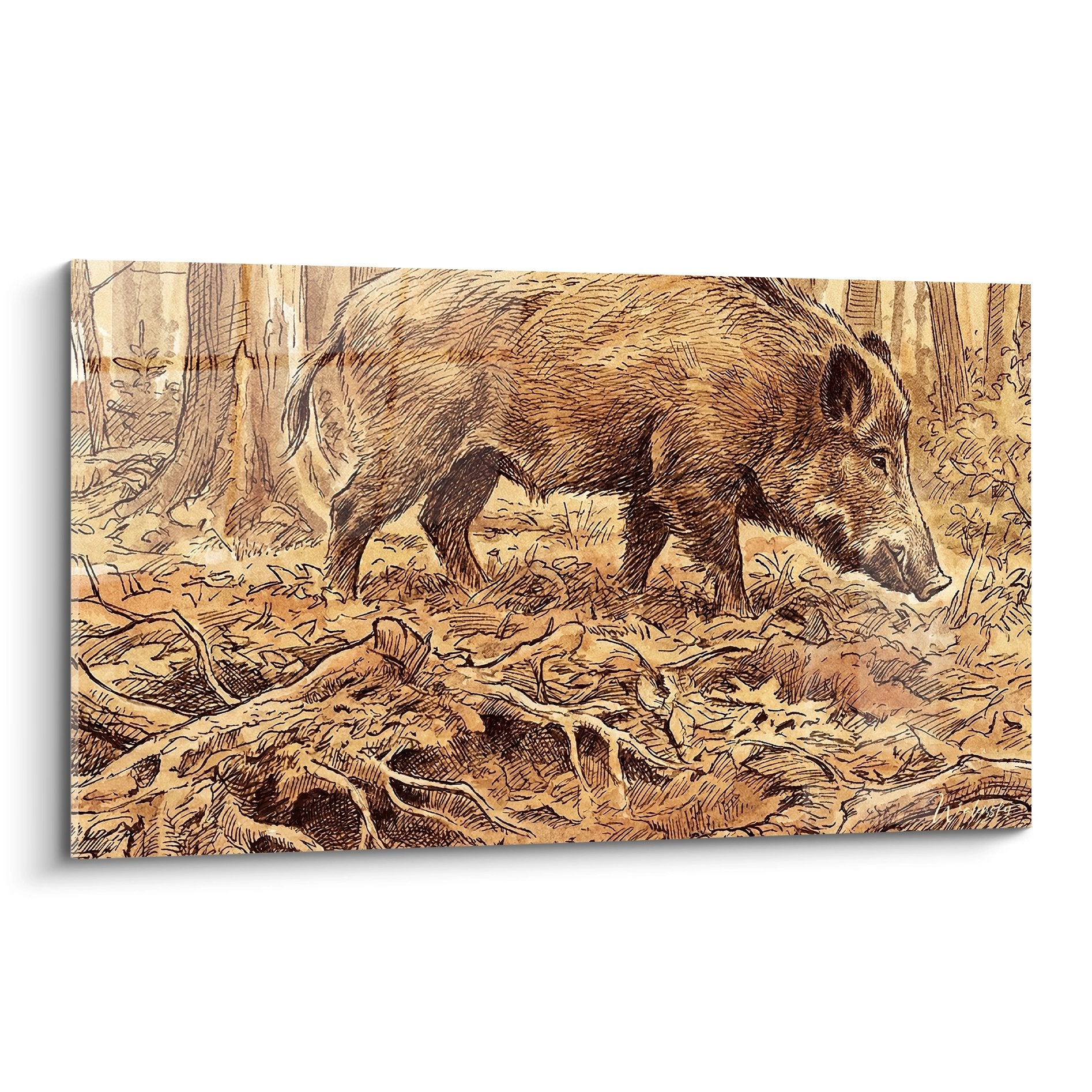 Tableau gravure sanglier brun dans foret automnale tons ocres et dores feuillage naturel style vintage