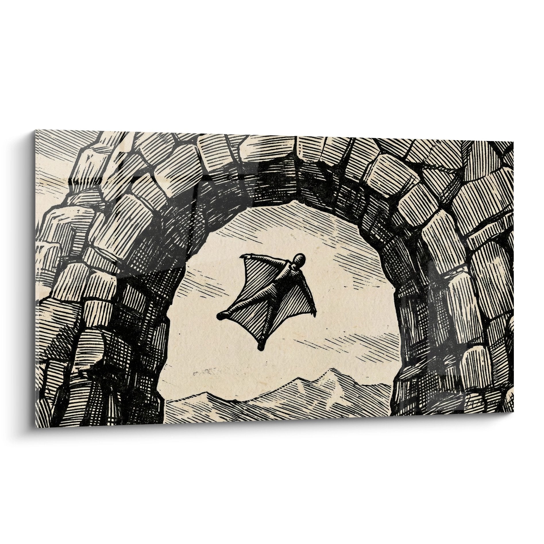 Tableau gravure noir beige wingsuiteur volant tunnel rocheux voute pierre edition wingsuit decoration murale