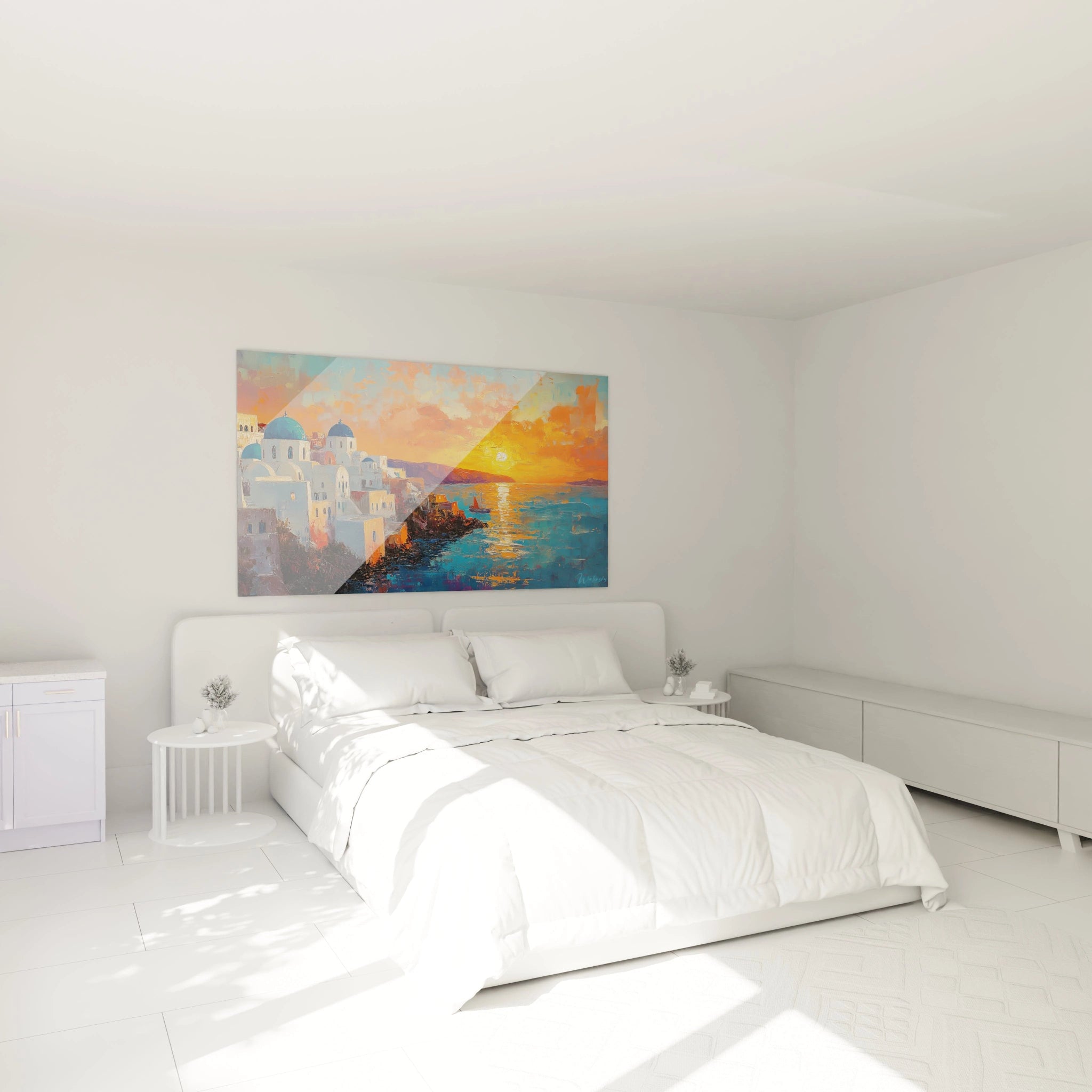 Un tableau montrant une scène grecque avec architecture cycladique, églises aux coupoles bleues, façades blanches éclairées par un soleil couchant orange, avec mer bleue et touches texturées visibles.
