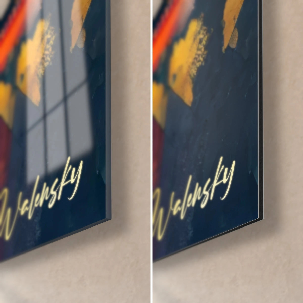 Wall art Granada palace with ochre walls, bottom right corner in glossy acrylic glass and matte Dibond aluminium, golden Walensky signature
