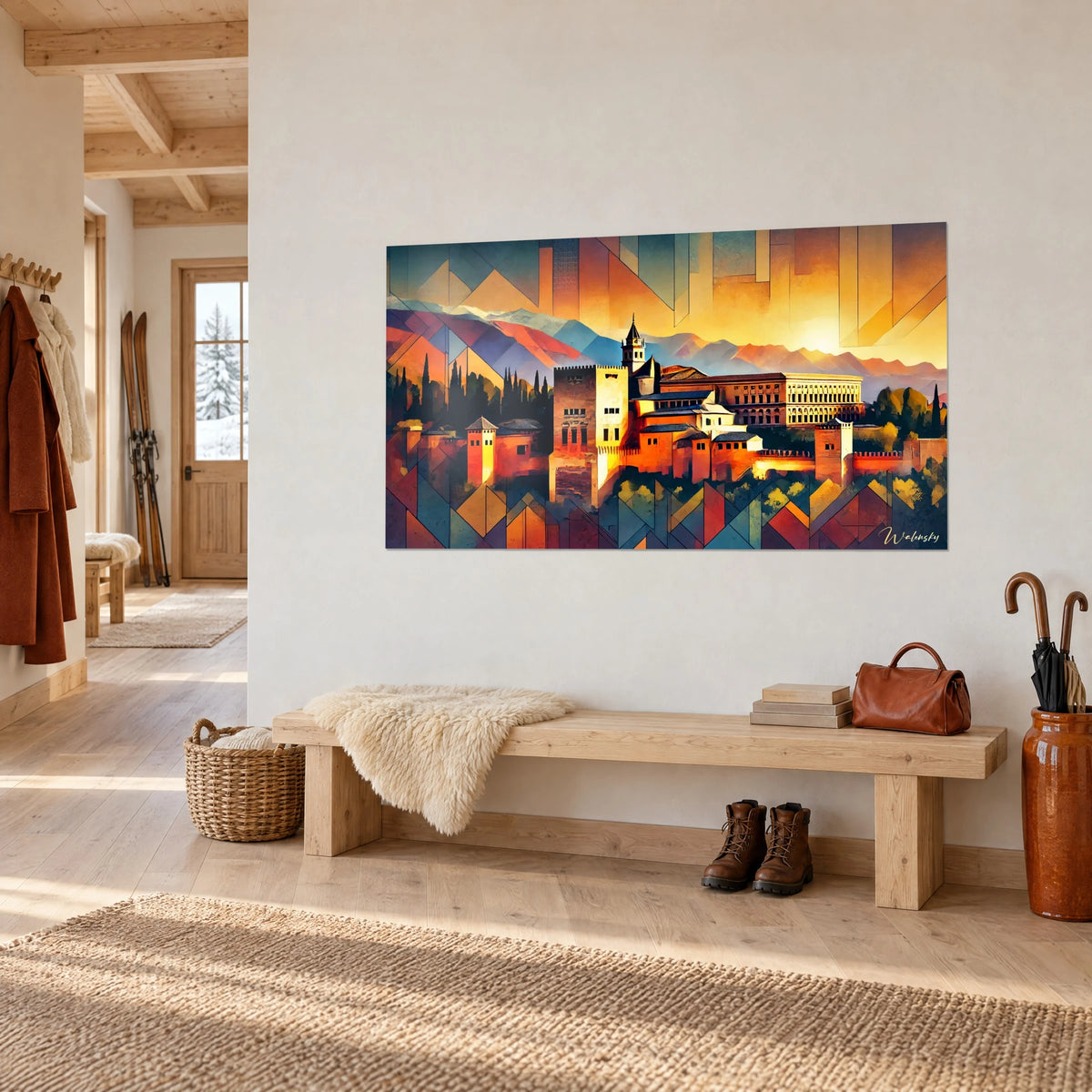 Wall art Moorish citadel with ochre-red towers and violet Sierra mountains, hung near a wooden bench in the entrance of a chalet