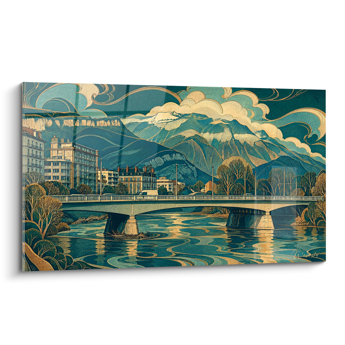 Wall art bridge over the Isère with golden and petrol-blue reflections in front of the snowy mountains of Grenoble