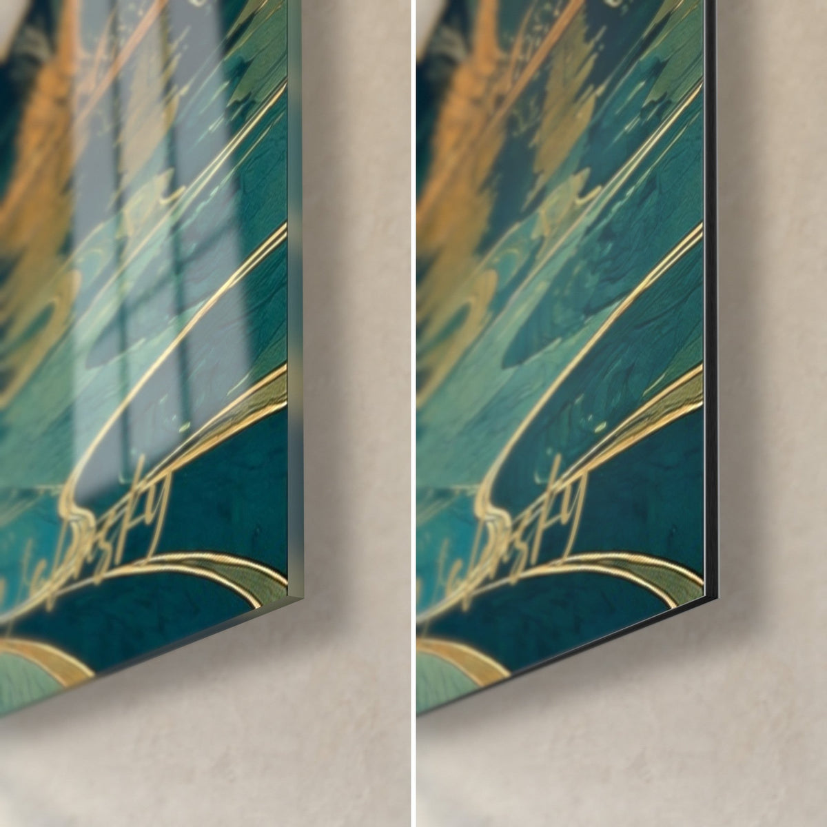 Wall art alpine river with midnight-blue swirls and gold lines, bottom right corner, glossy glass on the left, matte Dibond and 3 mm edge