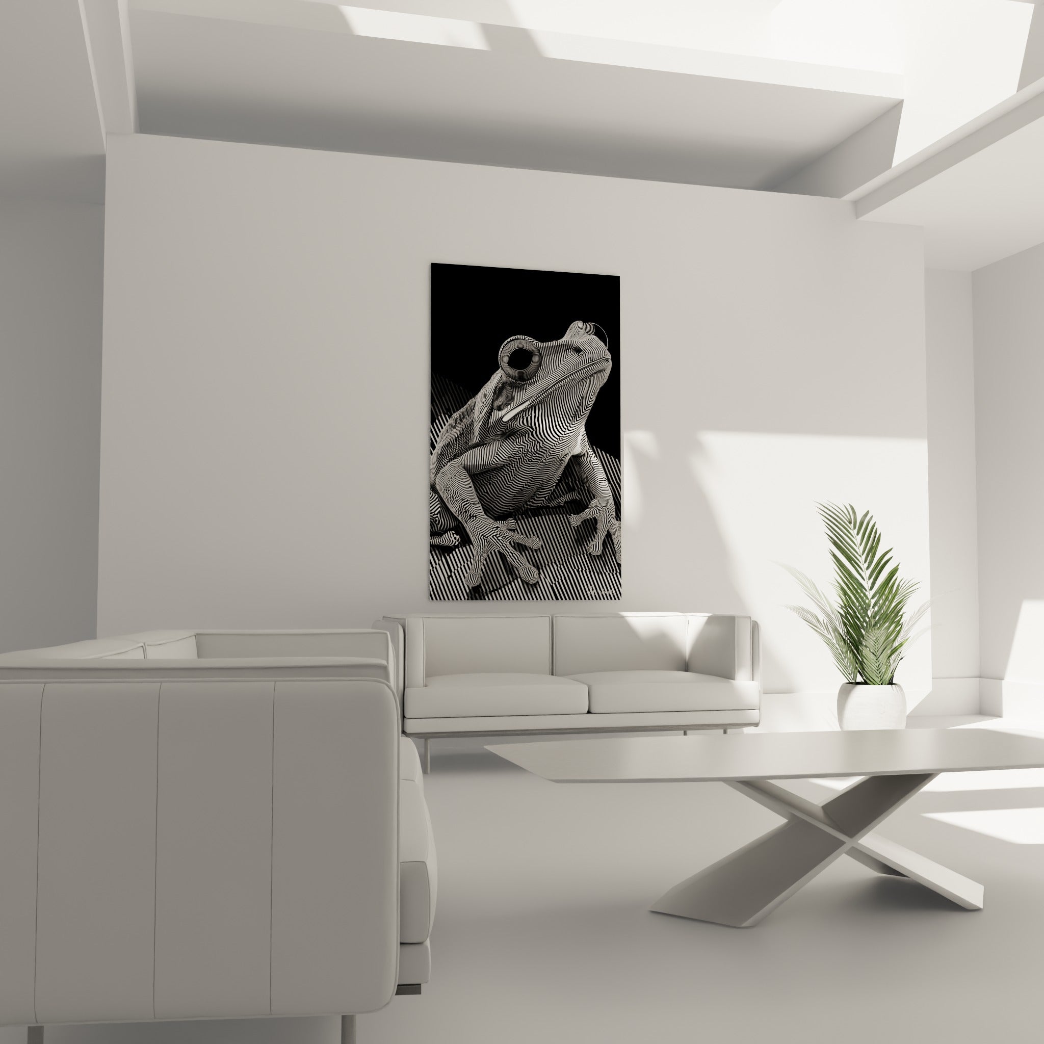Batracien à motif hypnotique noir et blanc, membres allongés, au-dessus d'un canapé dans un salon lumineux