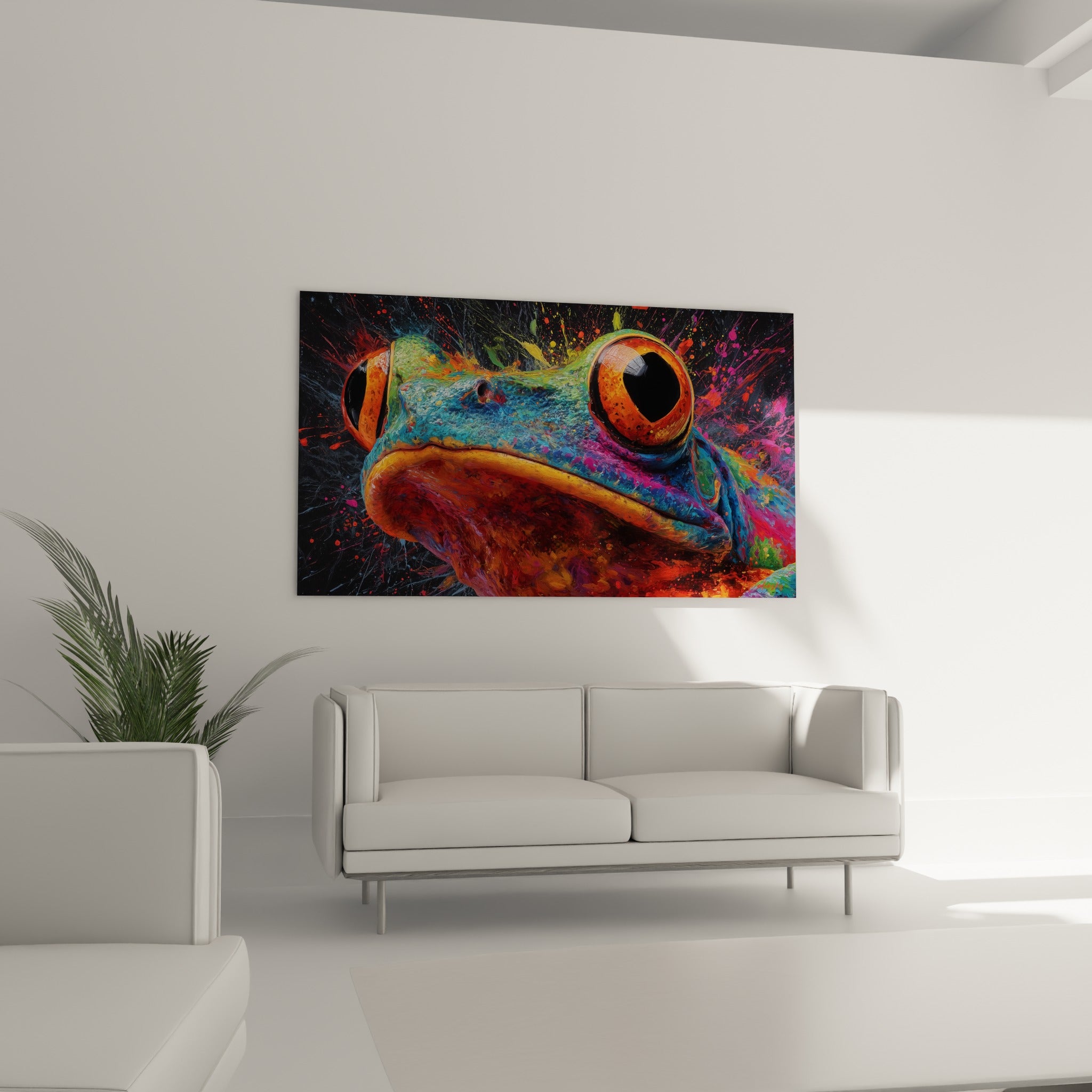 Regard intense de la grenouille turquoise et terracotta au-dessus d'un canapé dans un salon lumineux
