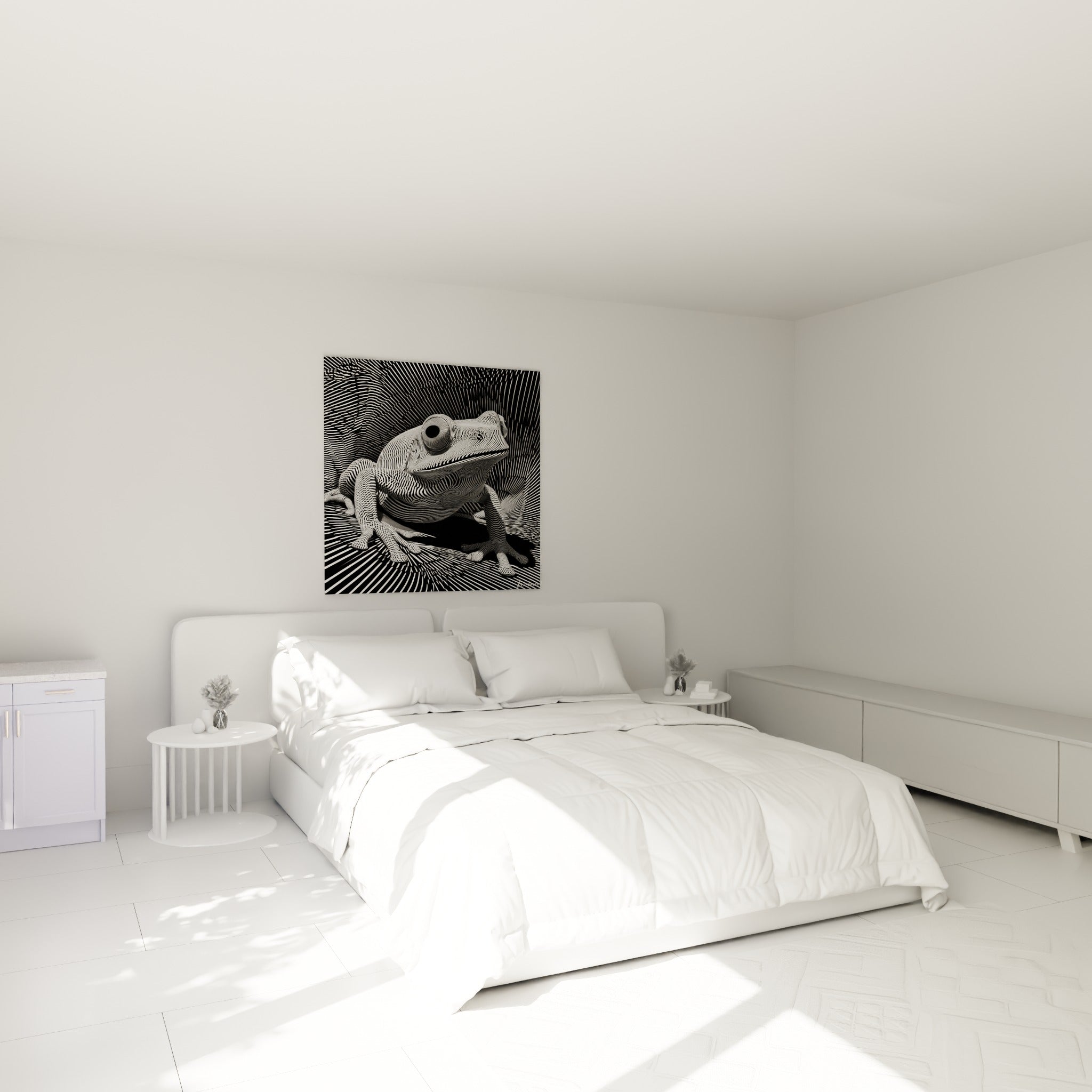 Amphibien graphique en noir et blanc aux motifs vibrants, accroché au-dessus d'un lit dans une chambre claire
