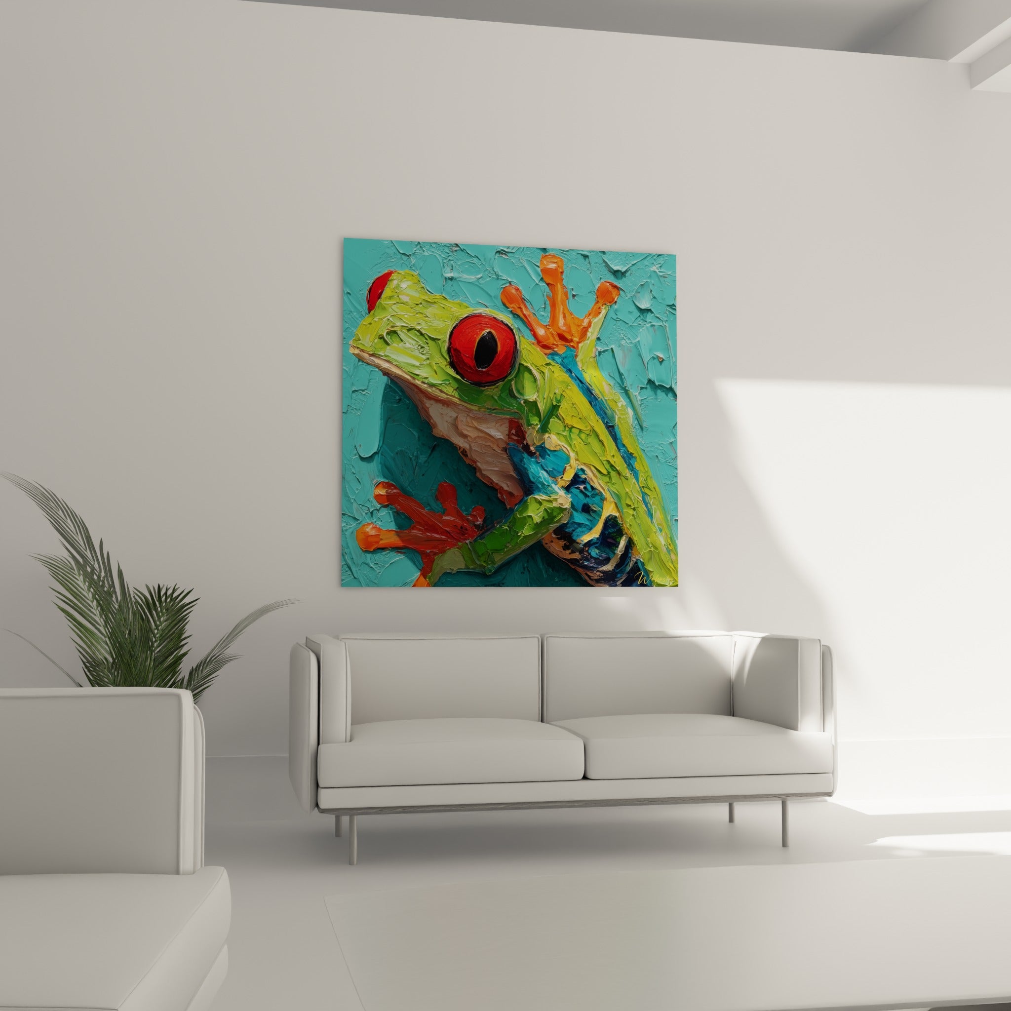 Amphibien vert vif aux doigts orange déployés placé au-dessus d'un canapé dans un salon lumineux