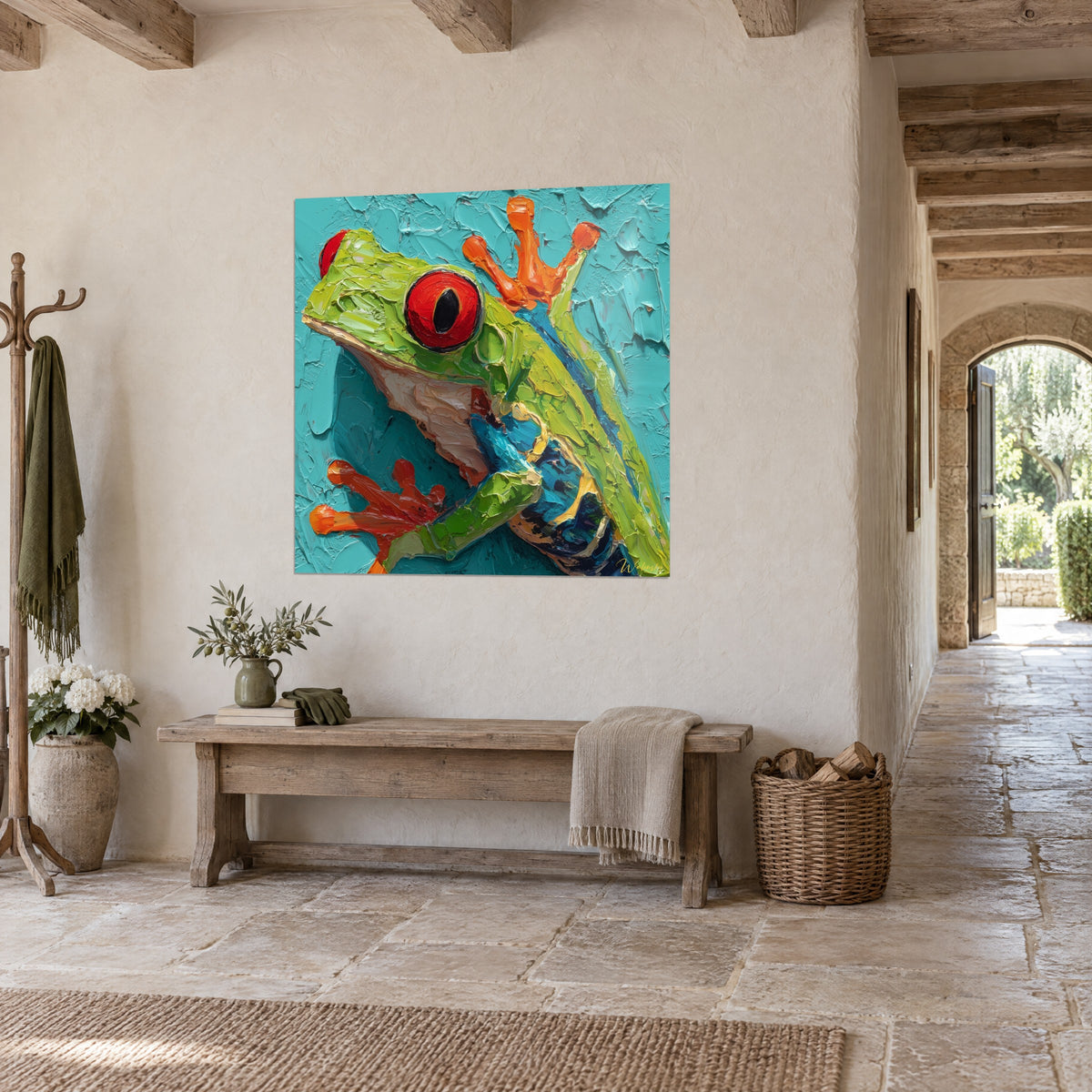 Schilderij amfibie in anijsgroen omlijnd met blauw, feloranje poten op turquoise achtergrond, aan het einde van een stenen gang