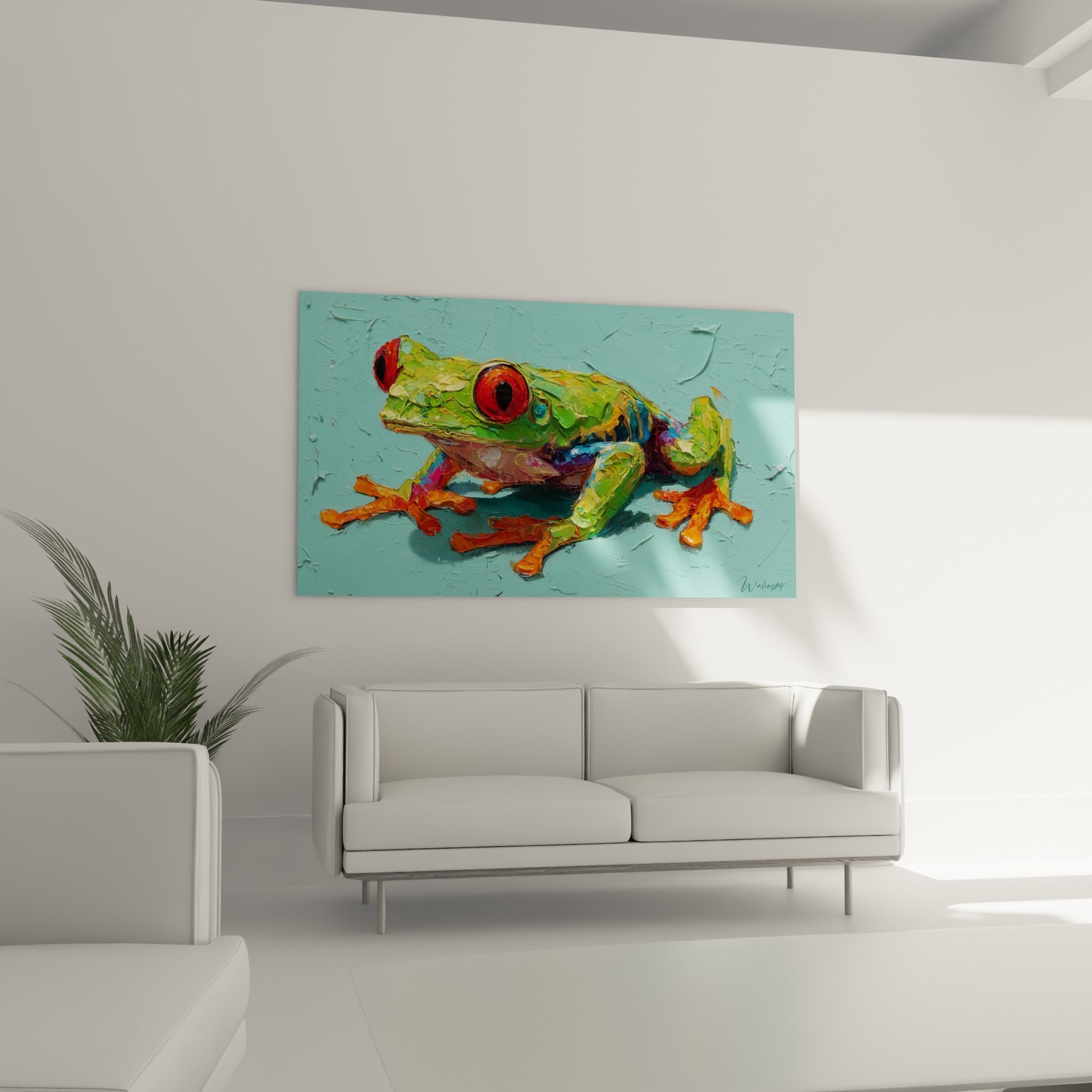 Batracien coloré aux yeux rouges intenses placé au-dessus d'un canapé dans un salon lumineux