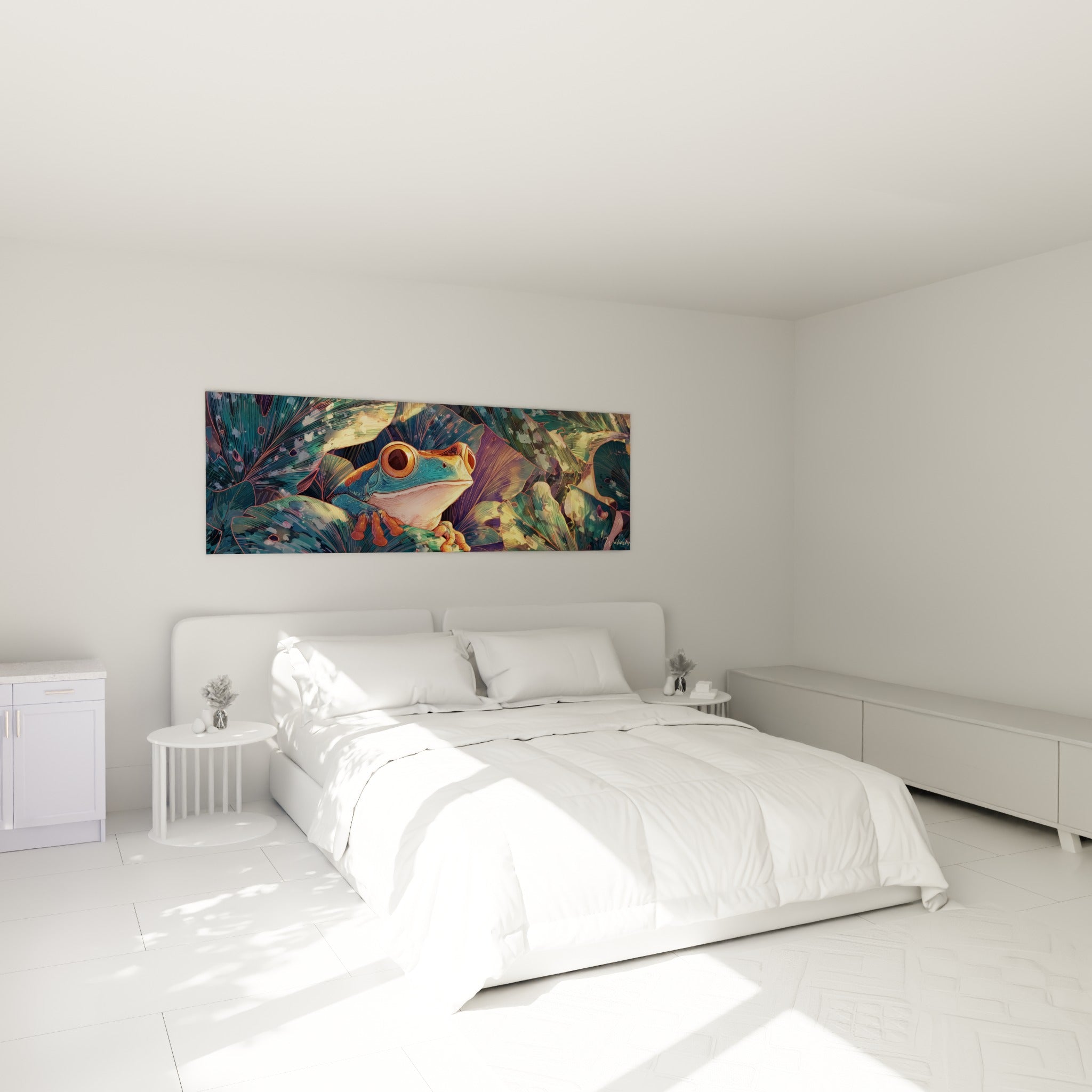 Amphibien bleu pétrole aux pattes orangées installé au-dessus d'un lit dans une chambre claire