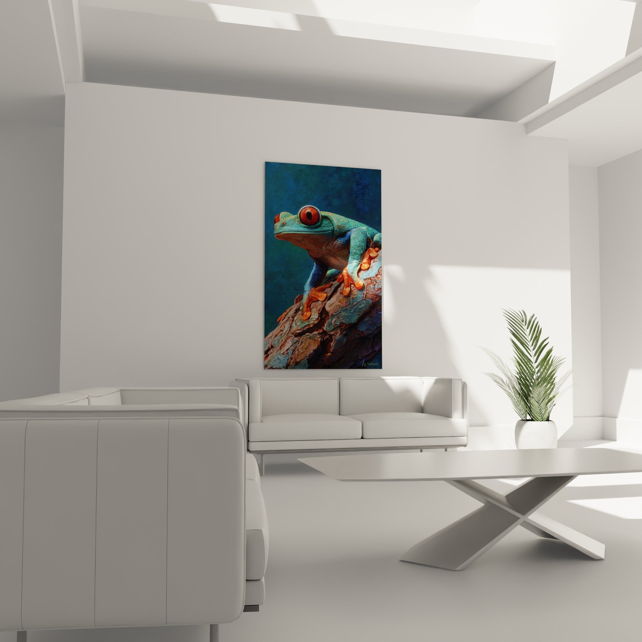 Batracien aux doigts orangés vifs installé au-dessus d'un canapé dans un salon lumineux