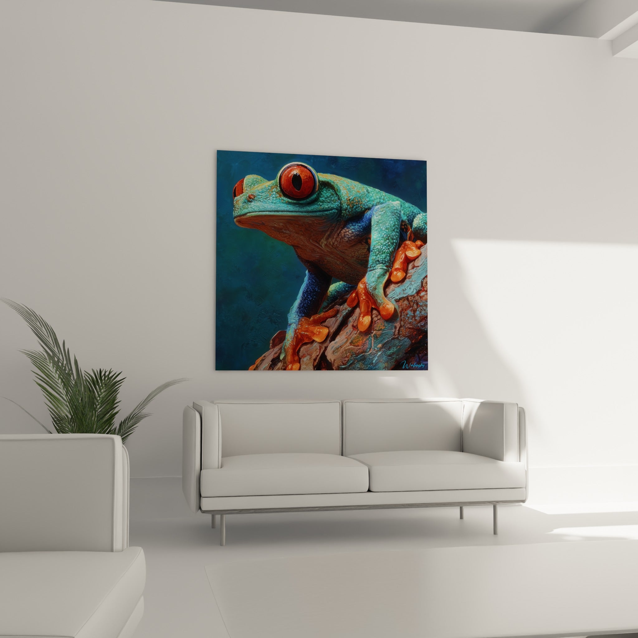 Batracien vert et orange aux yeux écarlates suspendu au-dessus d'un canapé dans un salon lumineux