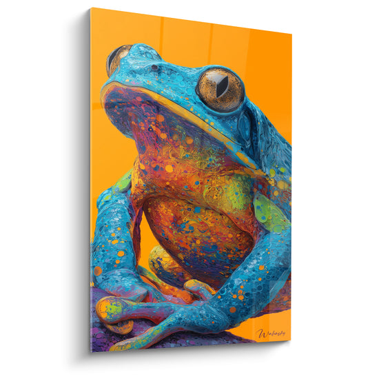 Tableau Grenouille bleue et orange aux éclaboussures multicolores - Fond orange vif - Edition grenouille