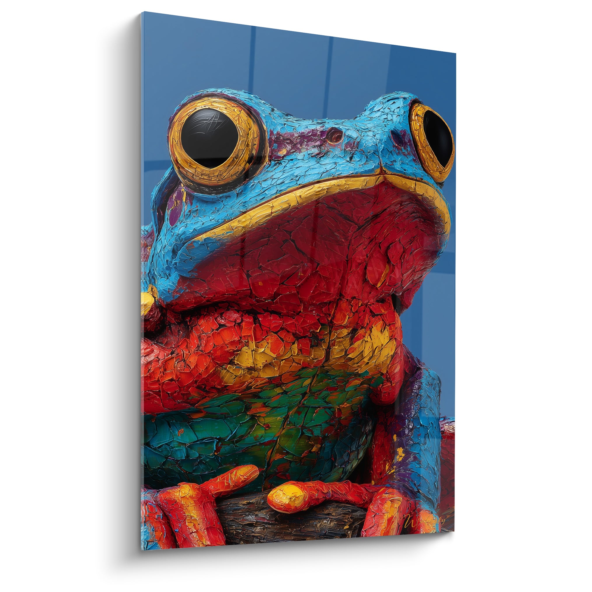 Grenouille aux yeux dorés, tons bleu turquoise et rouge, texture craquelée façon céramique