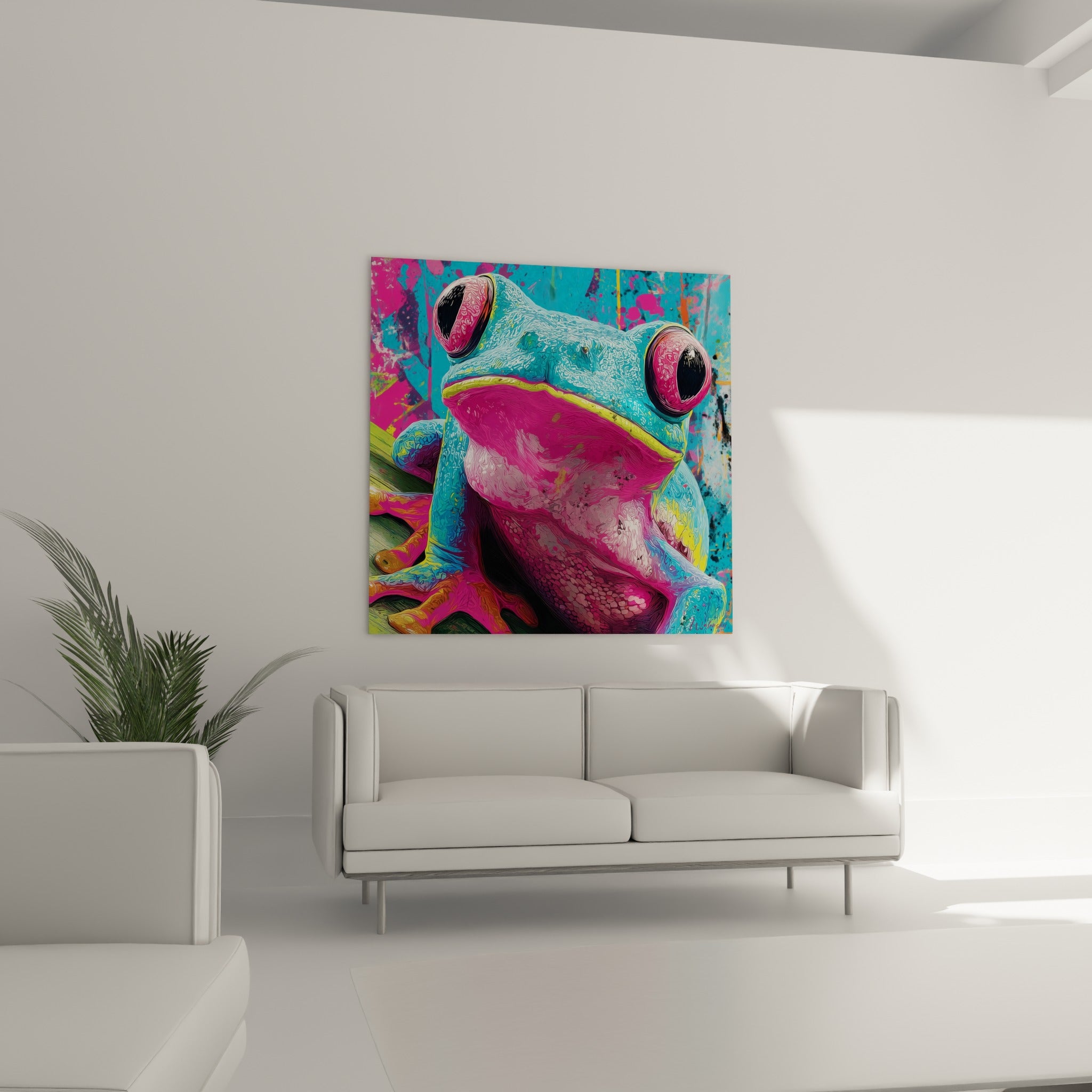 Bouche fuchsia grande ouverte sur fond bleu éclaboussé, tableau grenouille au-dessus d'un canapé dans un salon lumineux