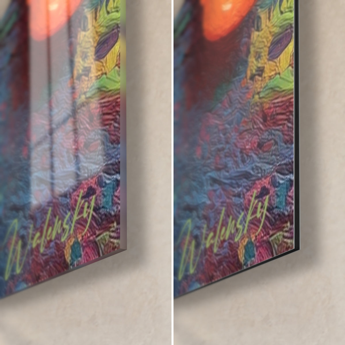 Wall art amphibian with large scarlet eyes, bottom right corner: glossy acrylic glass on the left, matte Dibond on the right, 3 mm edge