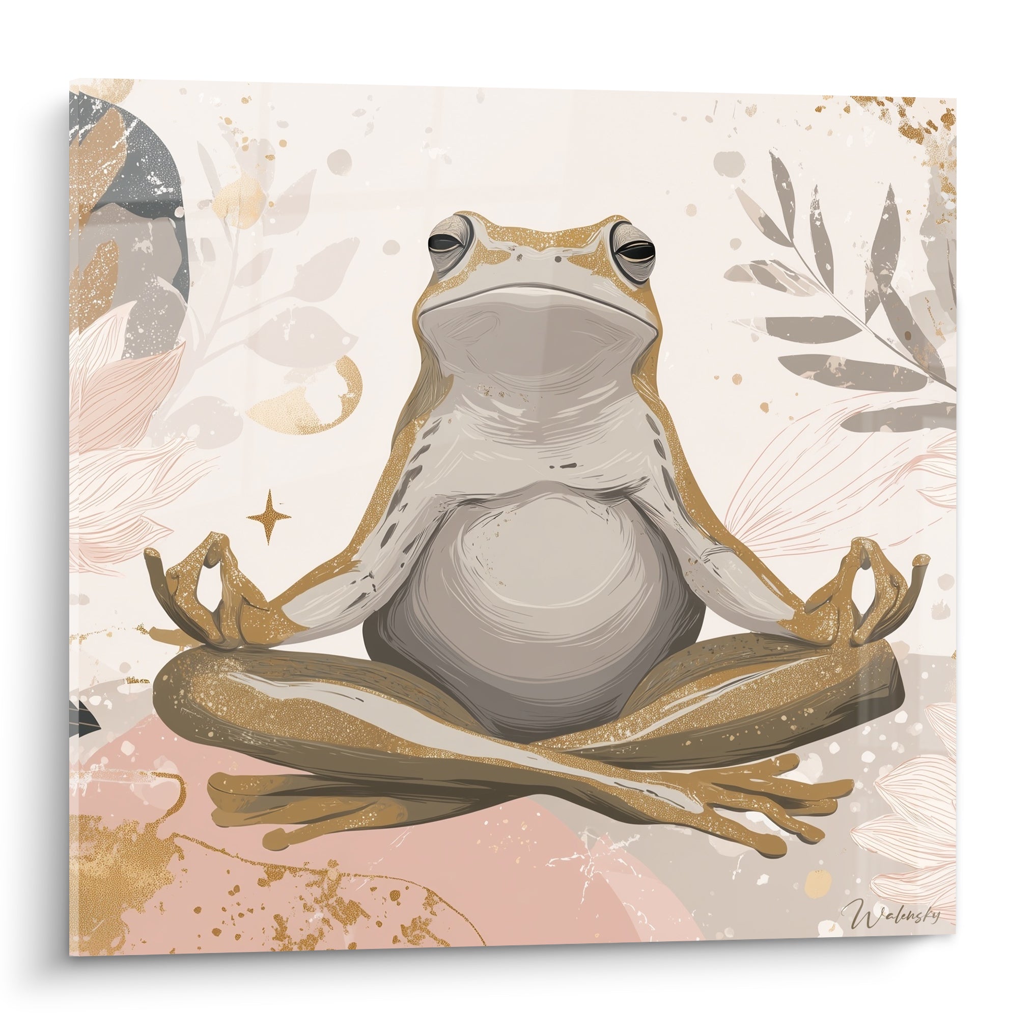 Grenouille dorée méditant en lotus sur fond rose poudré et beige feuillagé