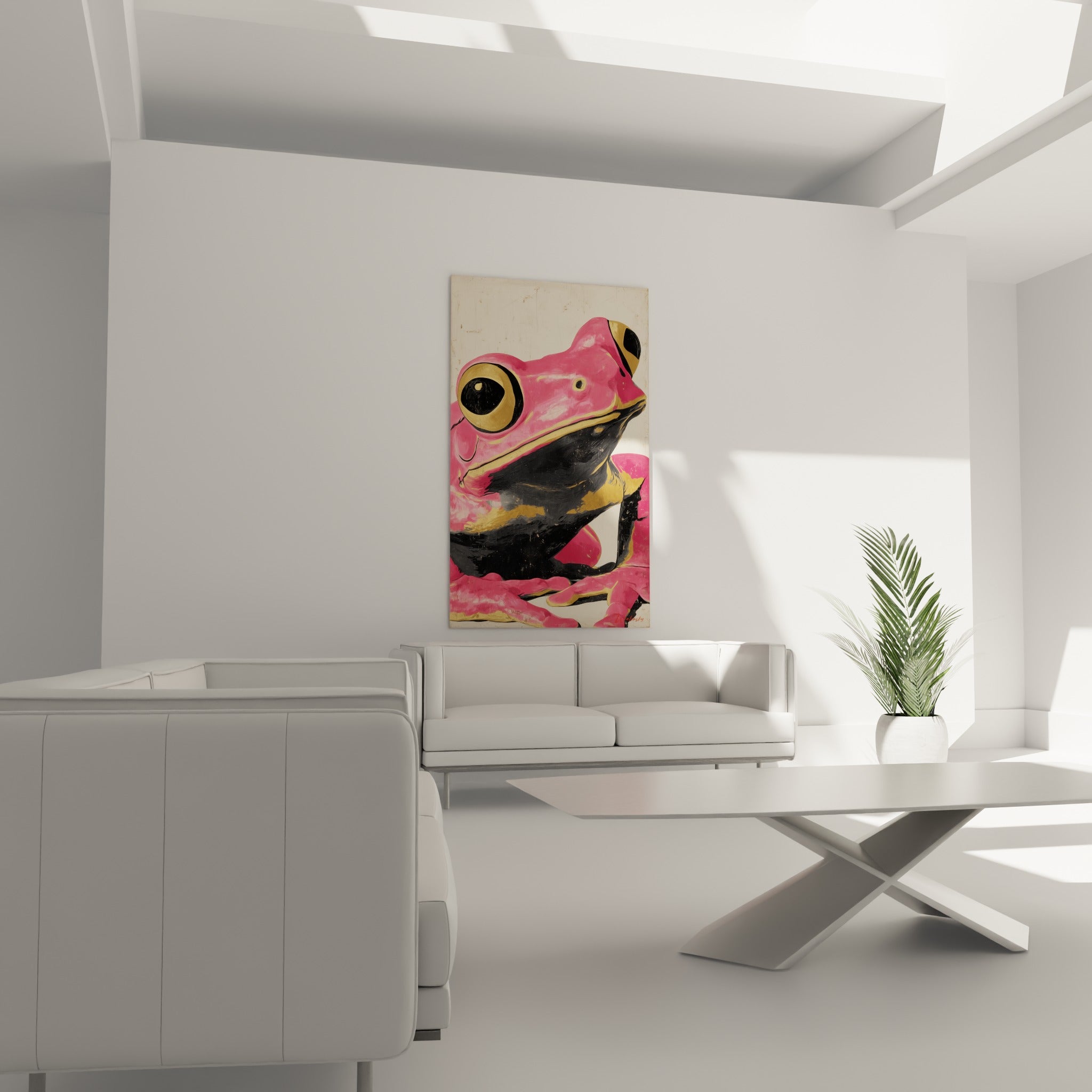 Silhouette rose et noire d'une grenouille au regard doré au-dessus d'un canapé dans un salon lumineux