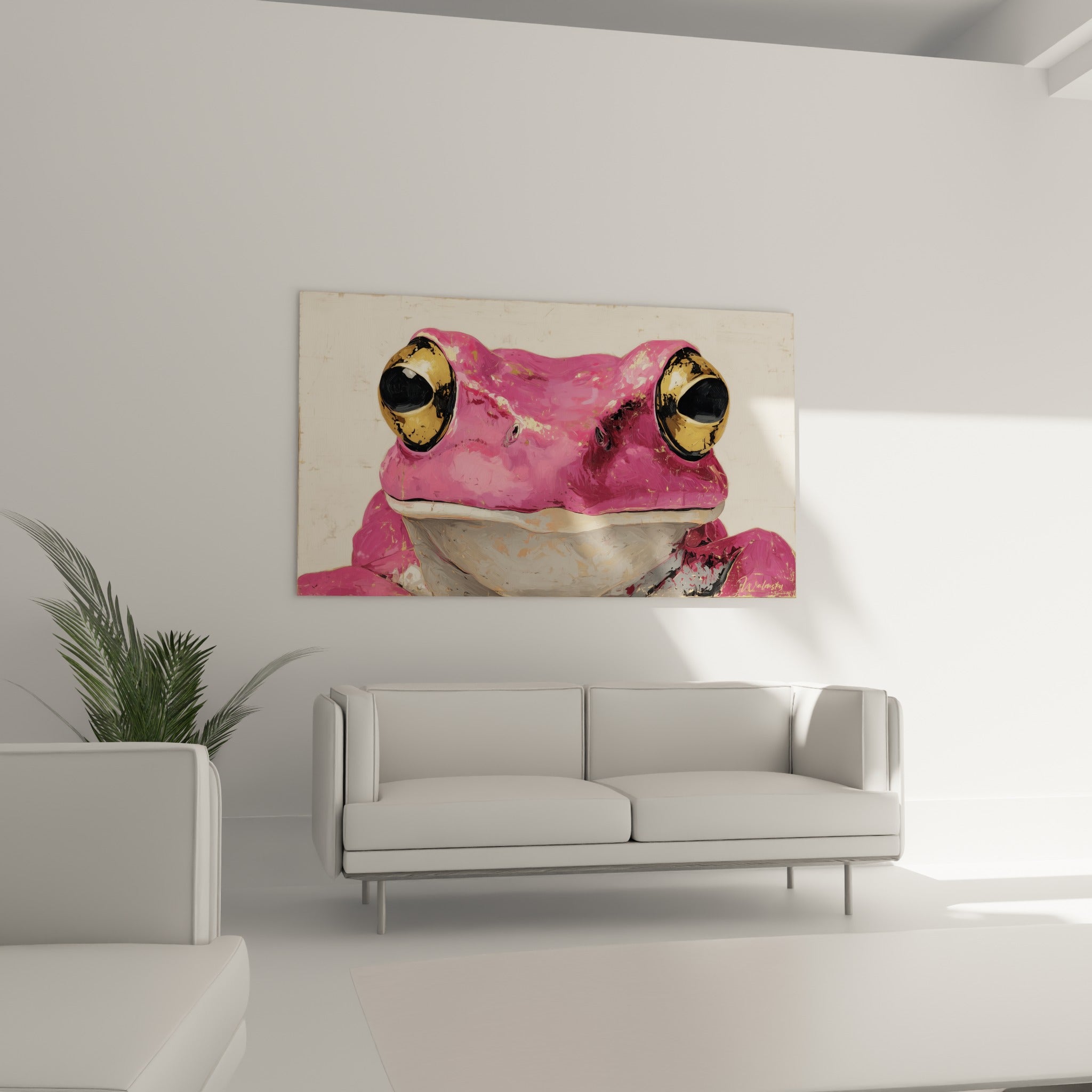 Regard perçant de la grenouille fuchsia et grise placé au-dessus d'un canapé dans un salon lumineux
