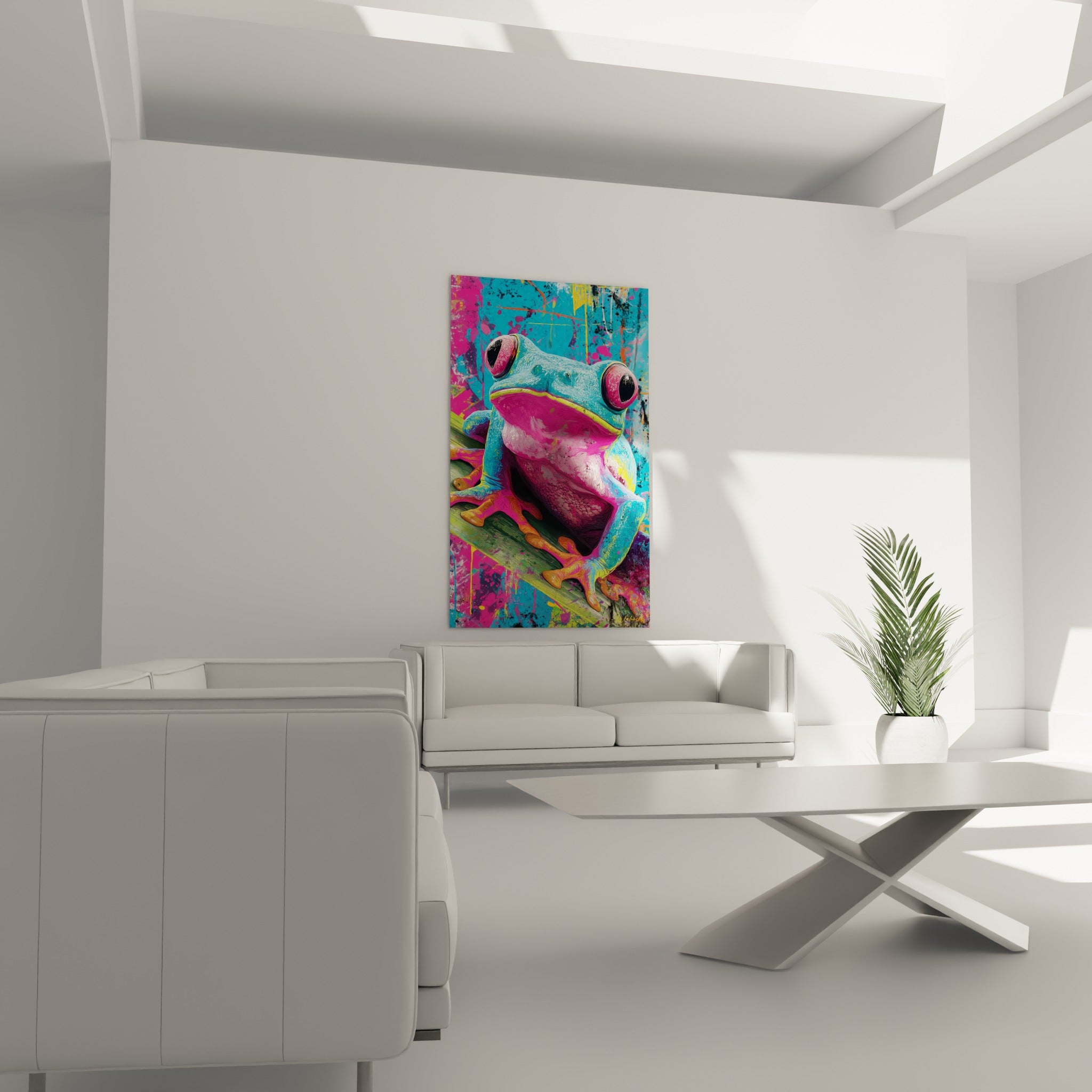 Créature colorée aux pattes orangées et fond anthracite éclaboussé, au-dessus d'un canapé dans un salon lumineux