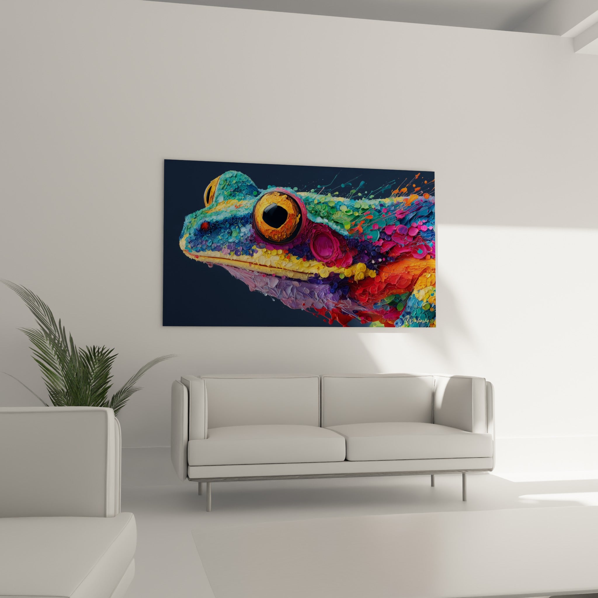 Œil doré de grenouille entouré d'éclaboussures vertes et roses au-dessus d'un canapé dans un salon lumineux