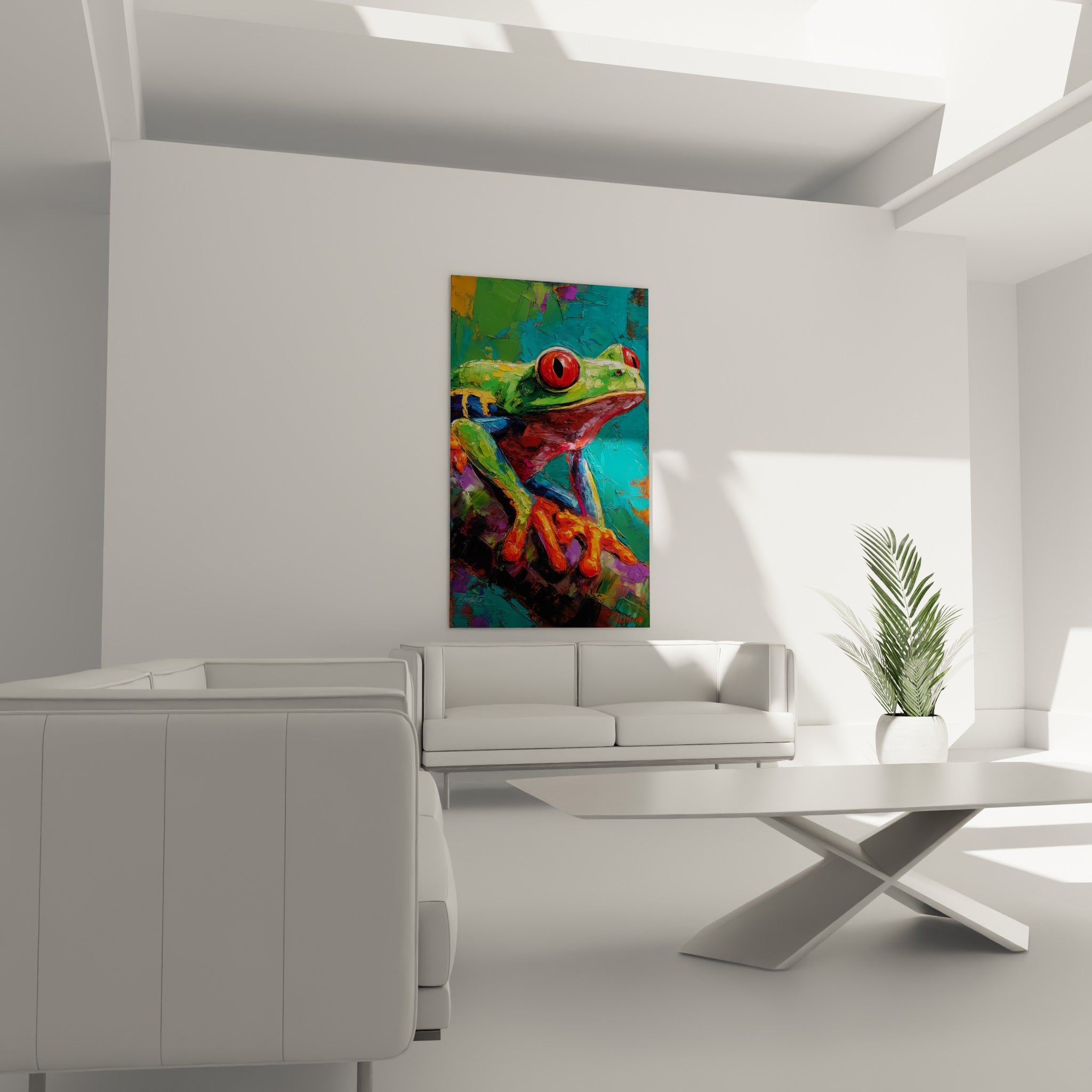 Rainette émeraude aux pattes orange vif sur fond turquoise, au-dessus d'un canapé dans un salon lumineux