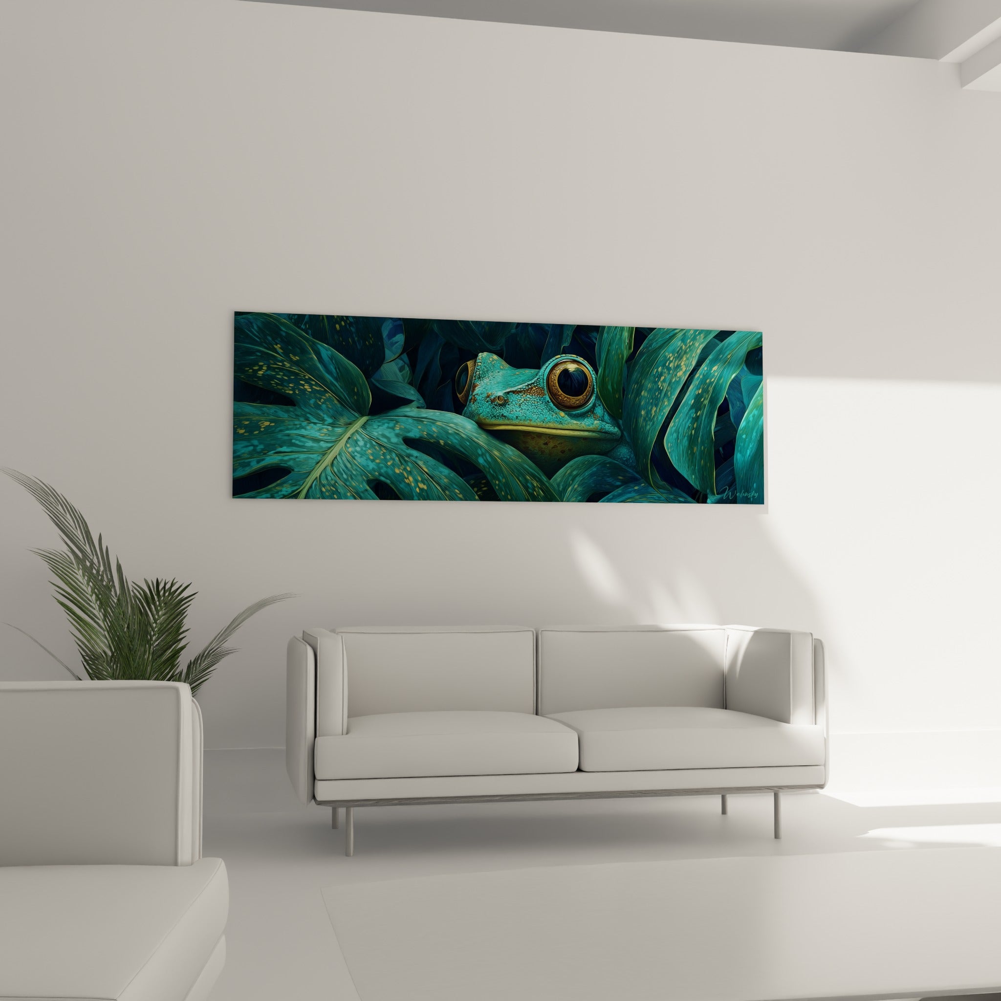 Regard doré perçant d'une grenouille bleu sarcelle accroché au-dessus d'un canapé dans un salon lumineux