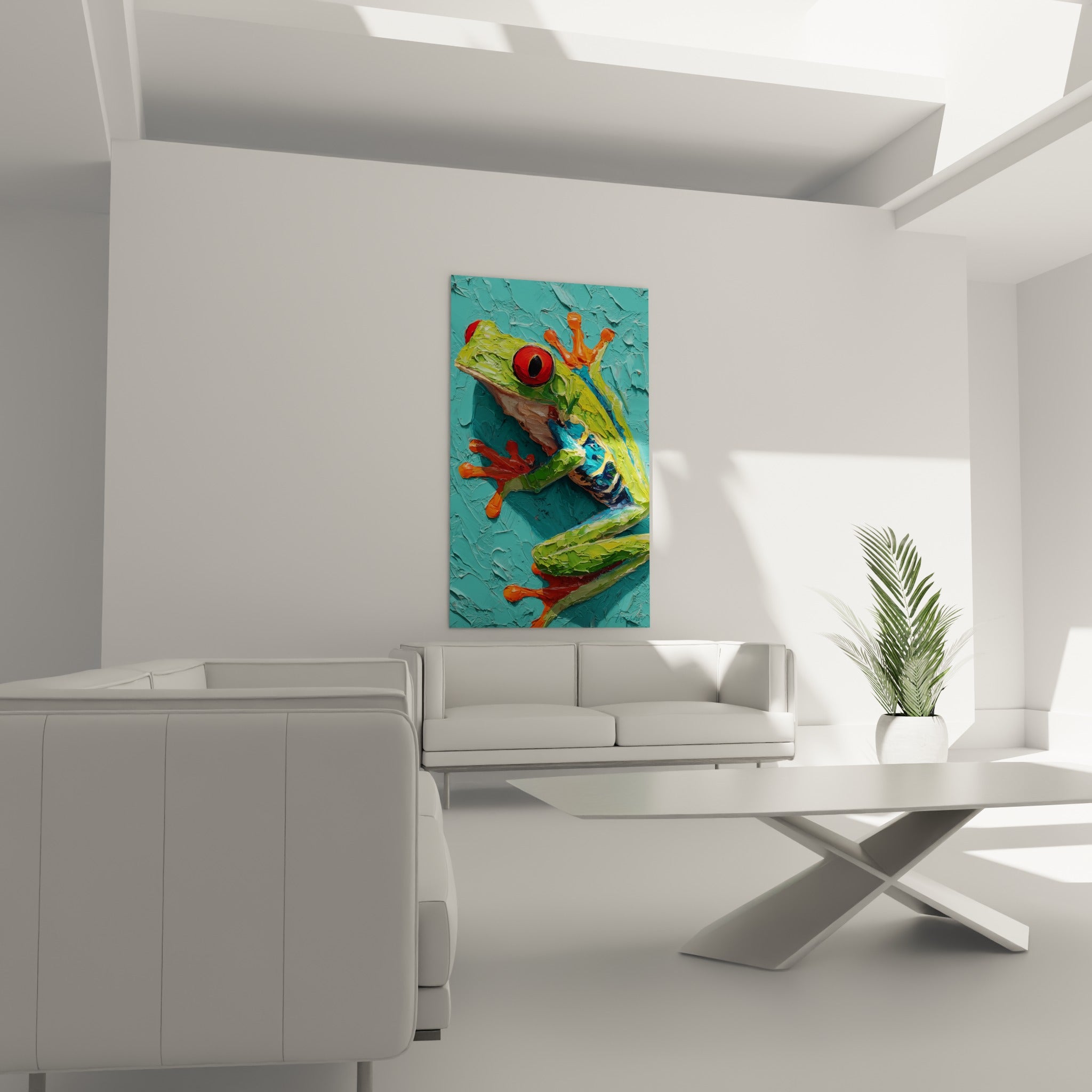 Regard écarlate d'une grenouille verte sur fond bleu, œuvre suspendue au-dessus d'un canapé dans un salon lumineux