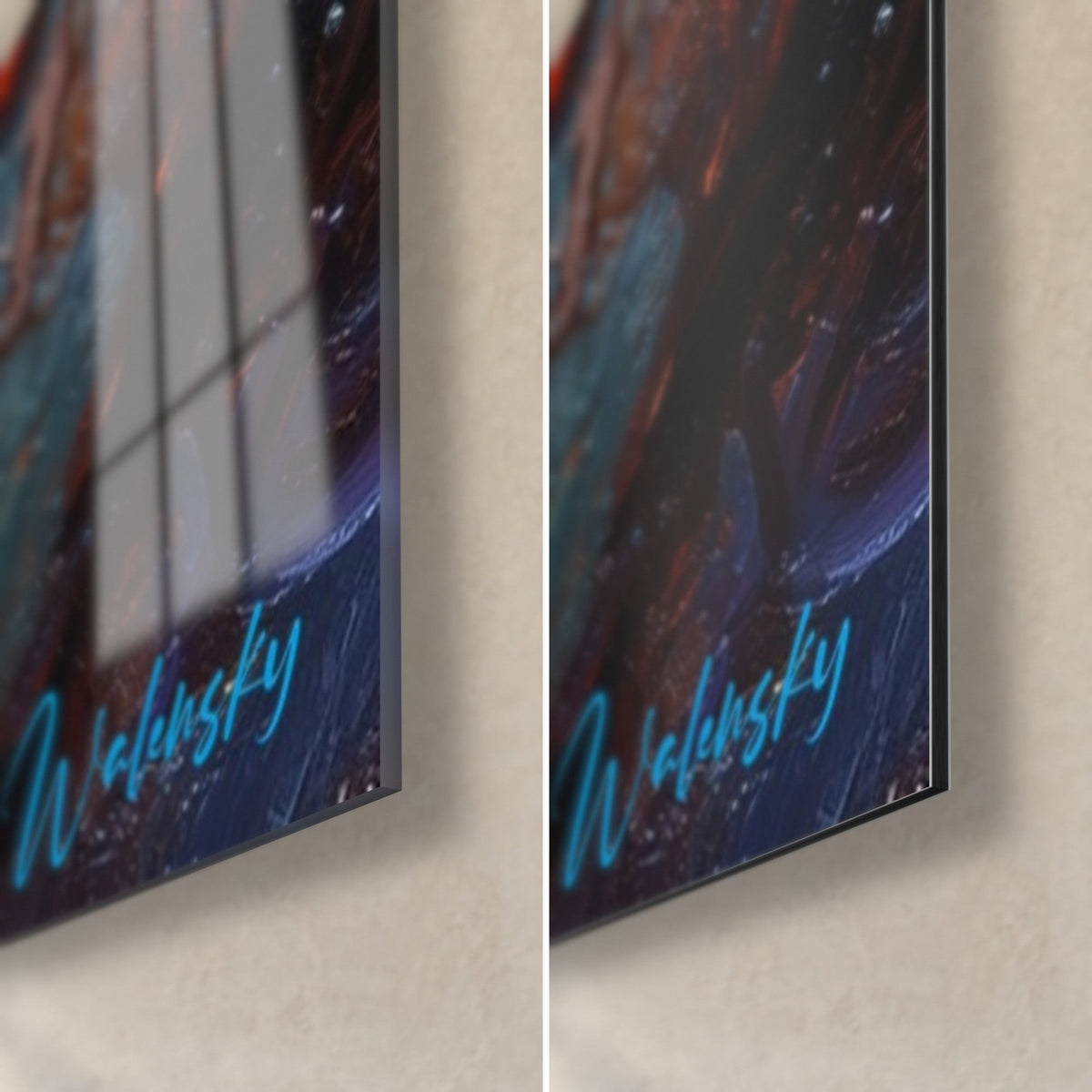 Schilderij turquoise kikker, rechtsonder in de hoek: glanzend acrylglas links, mat Dibond-aluminium rechts, 3 mm rand en blauwe signatuur