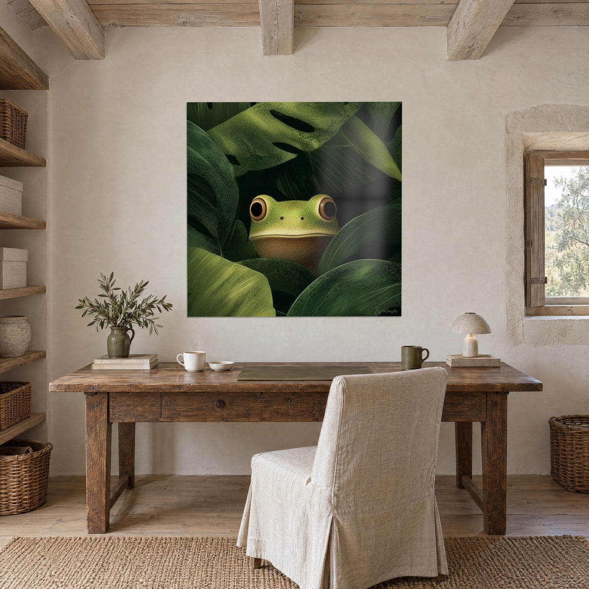 Schilderij kikkervisje dat boomkikker werd, bruine ogen omringd door oker, nest van flessengroene bladeren, beige muur van een stenen kantoor