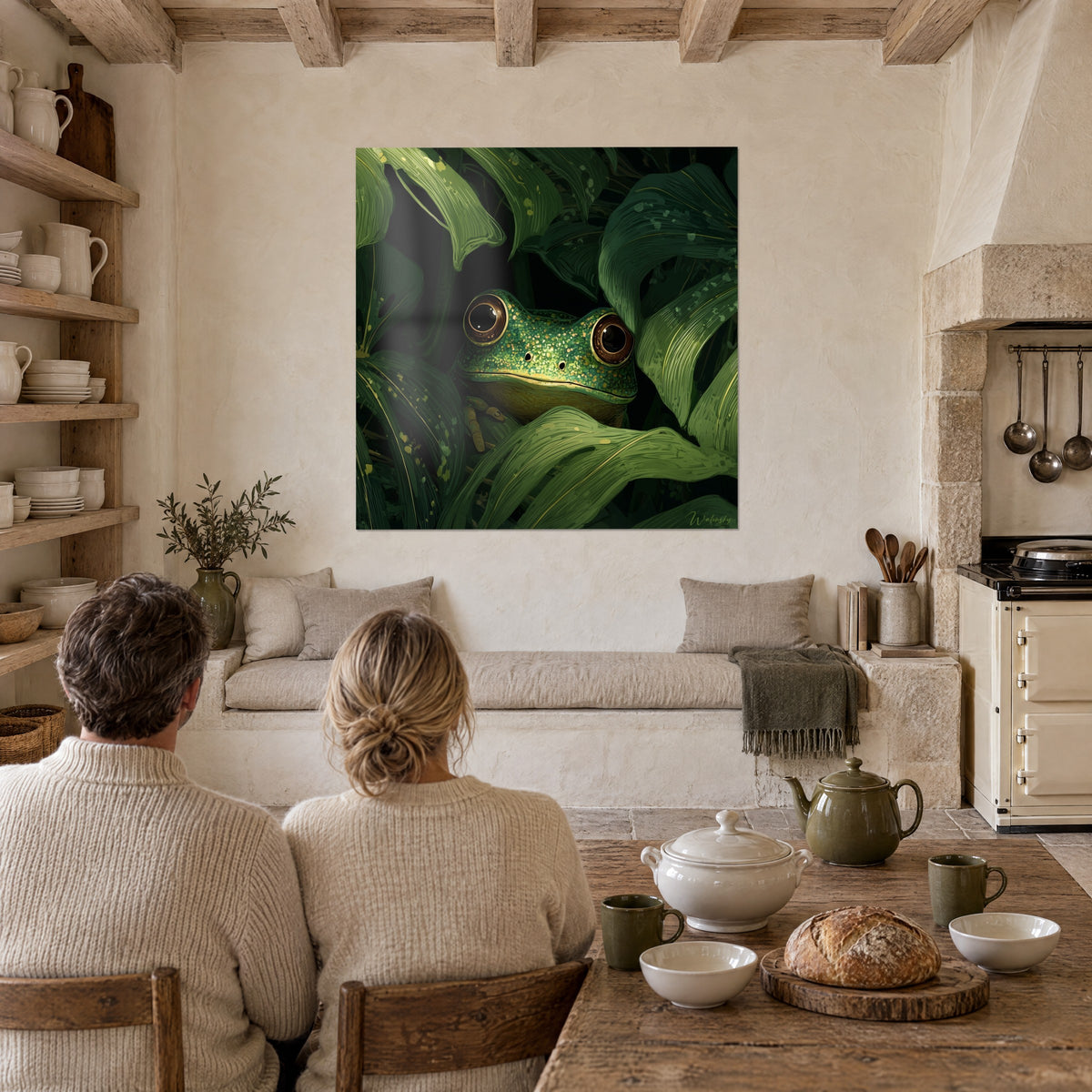Wall art of an emerald toad with a curious gaze peeking between curved soft green and black leaves, facing a wooden kitchen table