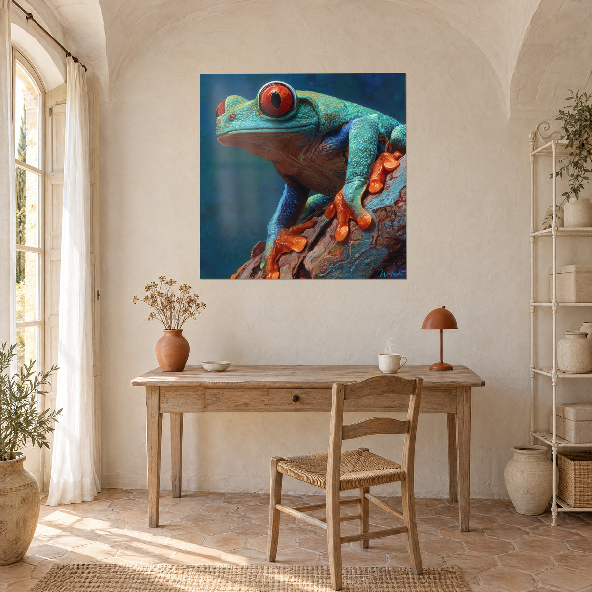 Schilderij kleine groene kikker met oranje vingers op bruine schors, diepblauwe achtergrond, opgehangen boven een houten bureau en een rieten stoel