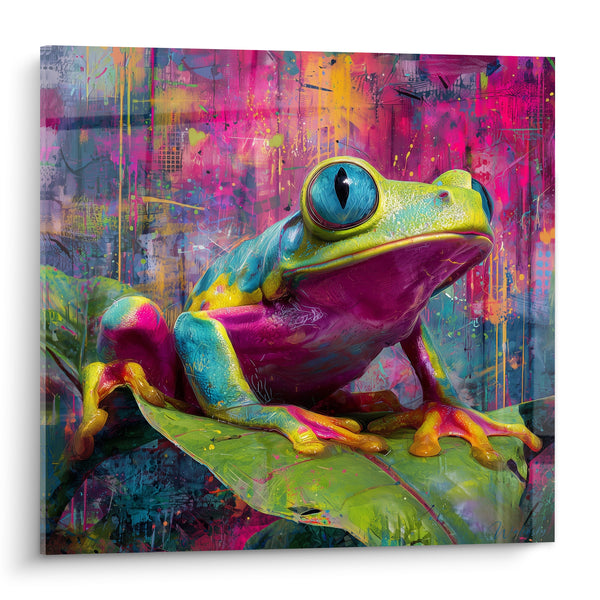Tableau Grenouille rose et turquoise sur feuille - Éveil tropical urbain - Edition grenouille
