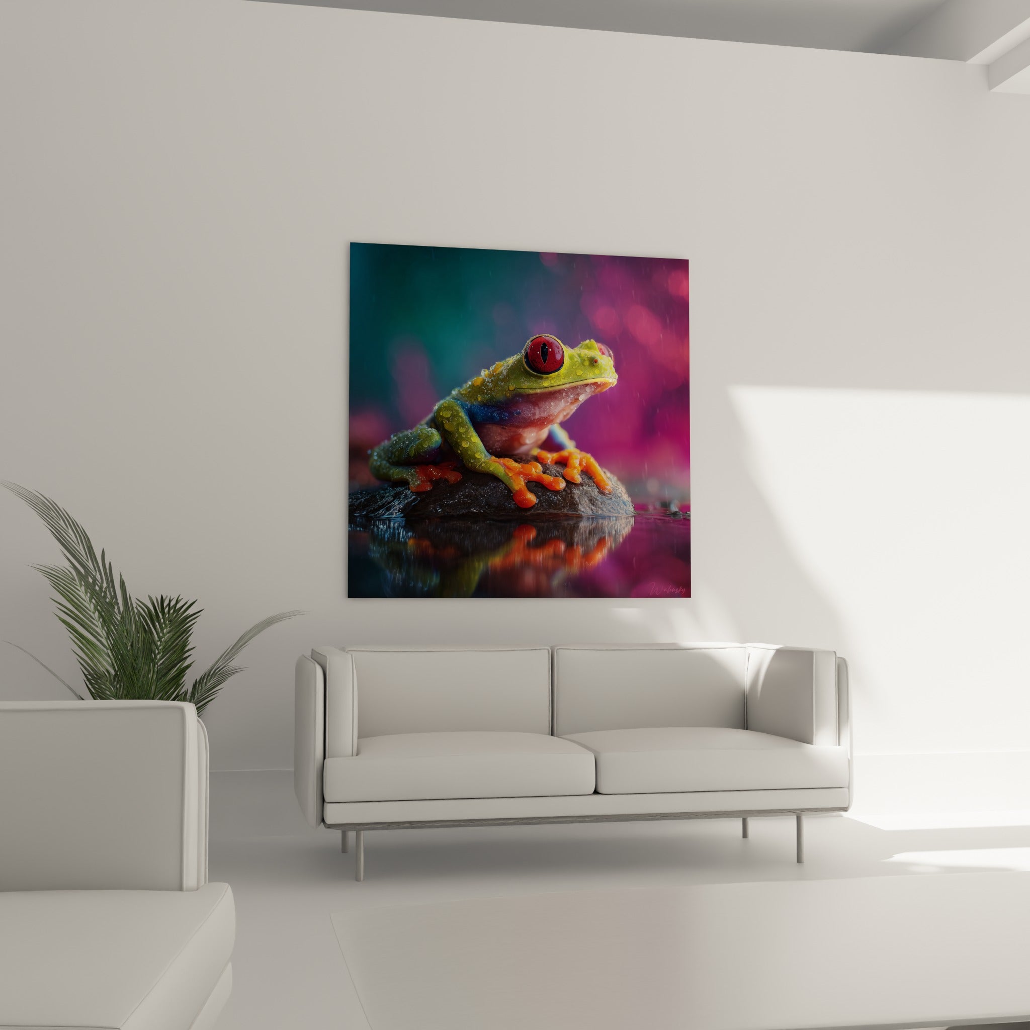 Rainette colorée verte et orange, pattes bleu marine, au-dessus d'un canapé dans un salon lumineux