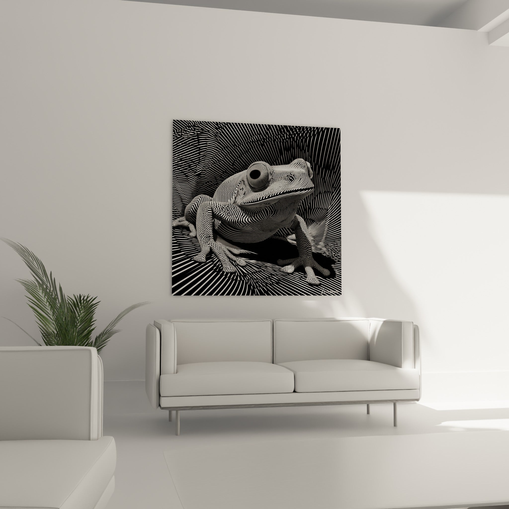 Batracien stylisé aux textures anthracite et blanches, suspendu au-dessus d'un canapé dans un salon lumineux